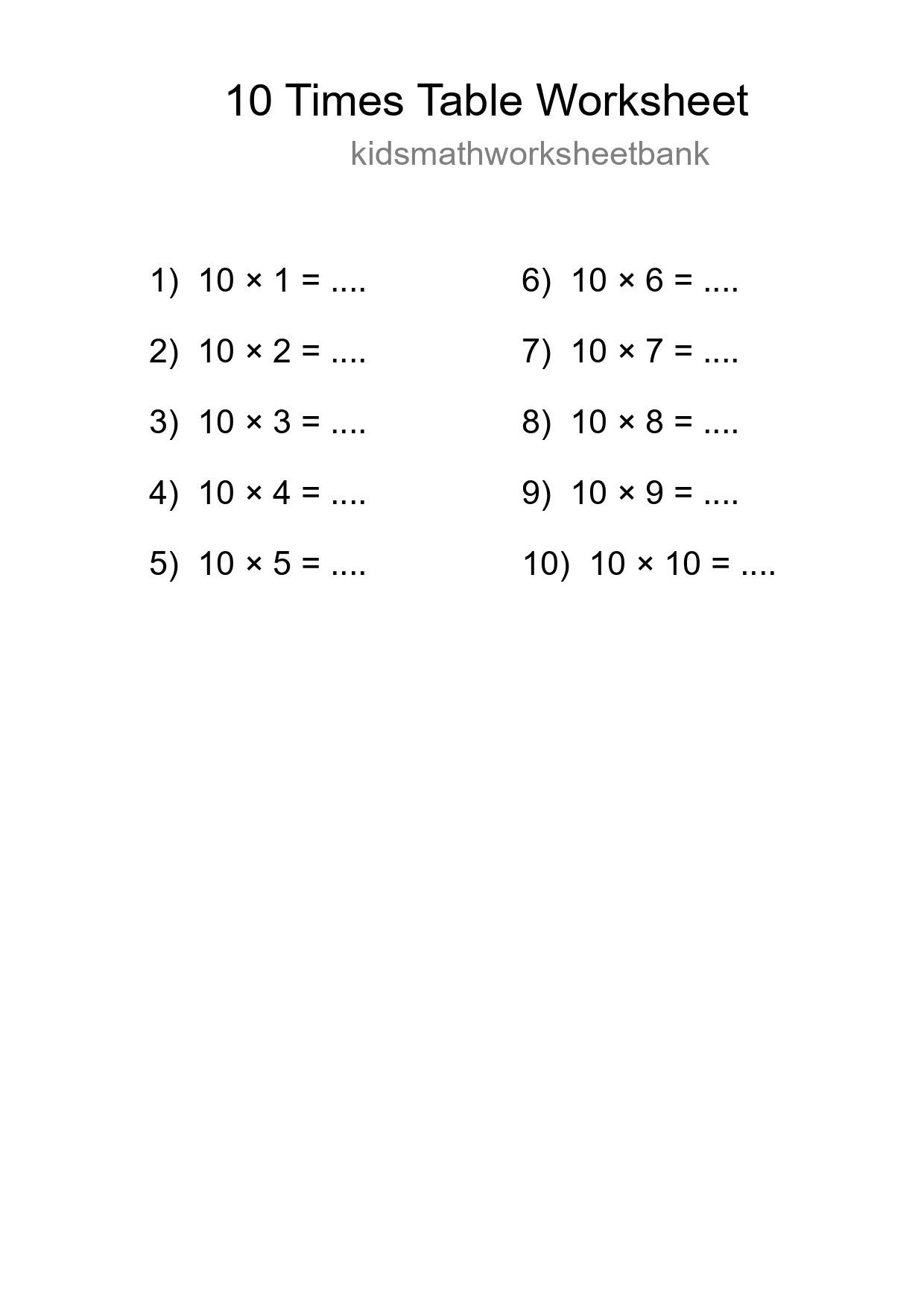 10 Times Table Worksheet For Grade 3 With Answers - Part 262