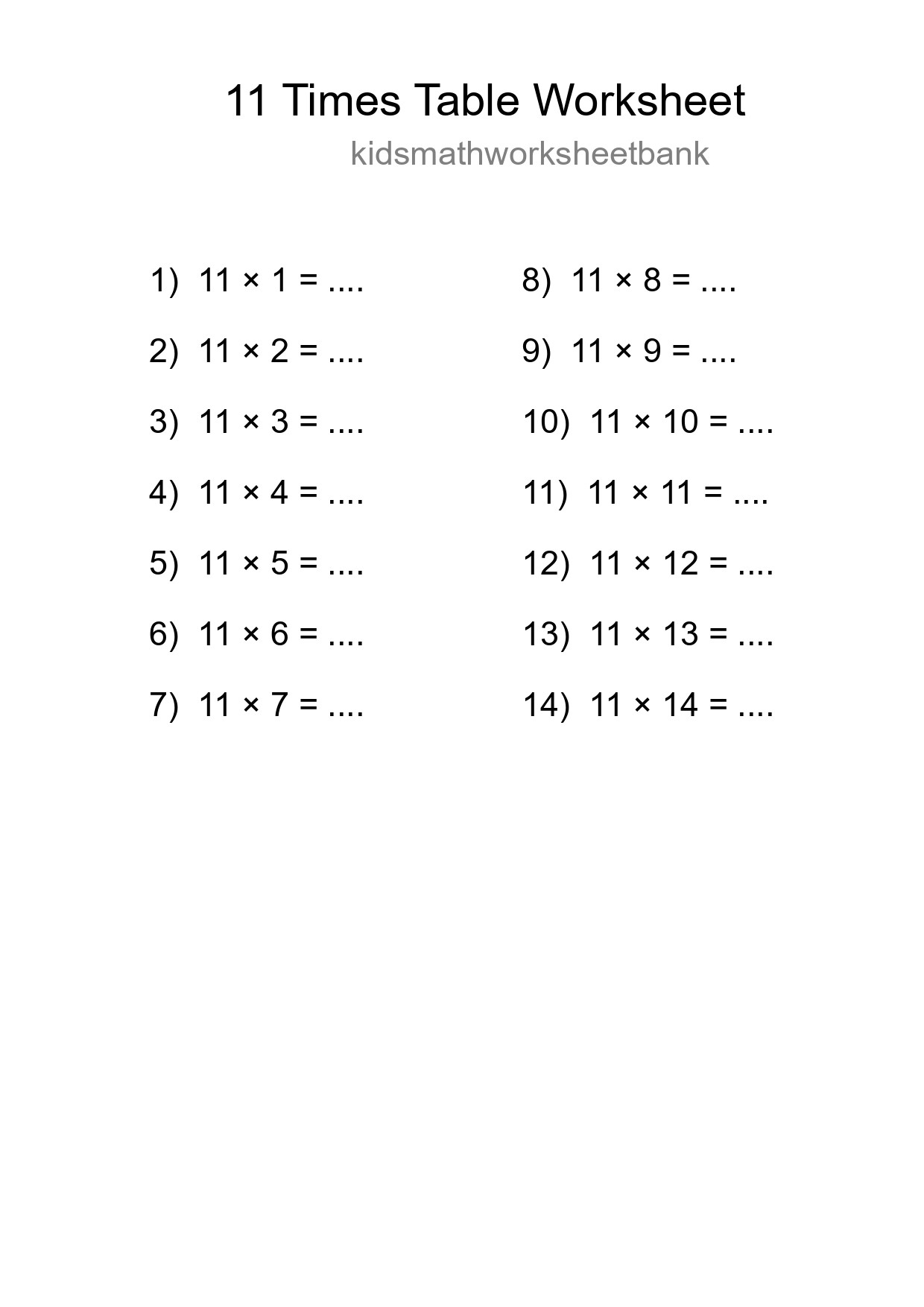 11 Times Table Worksheet For Grade 4 - Part 20