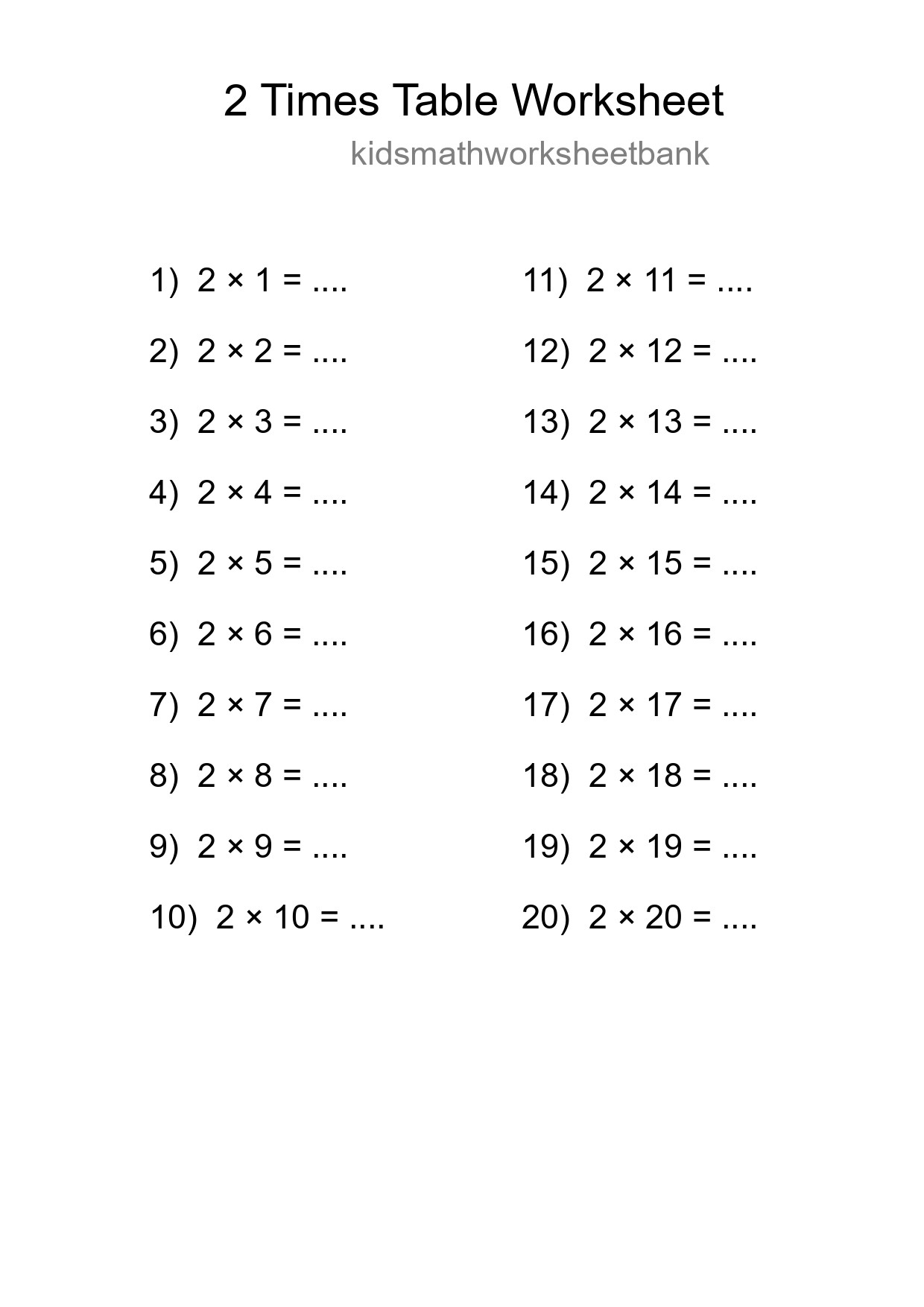 2 Times Table Worksheet For Grade 2 With Answers - Part 86