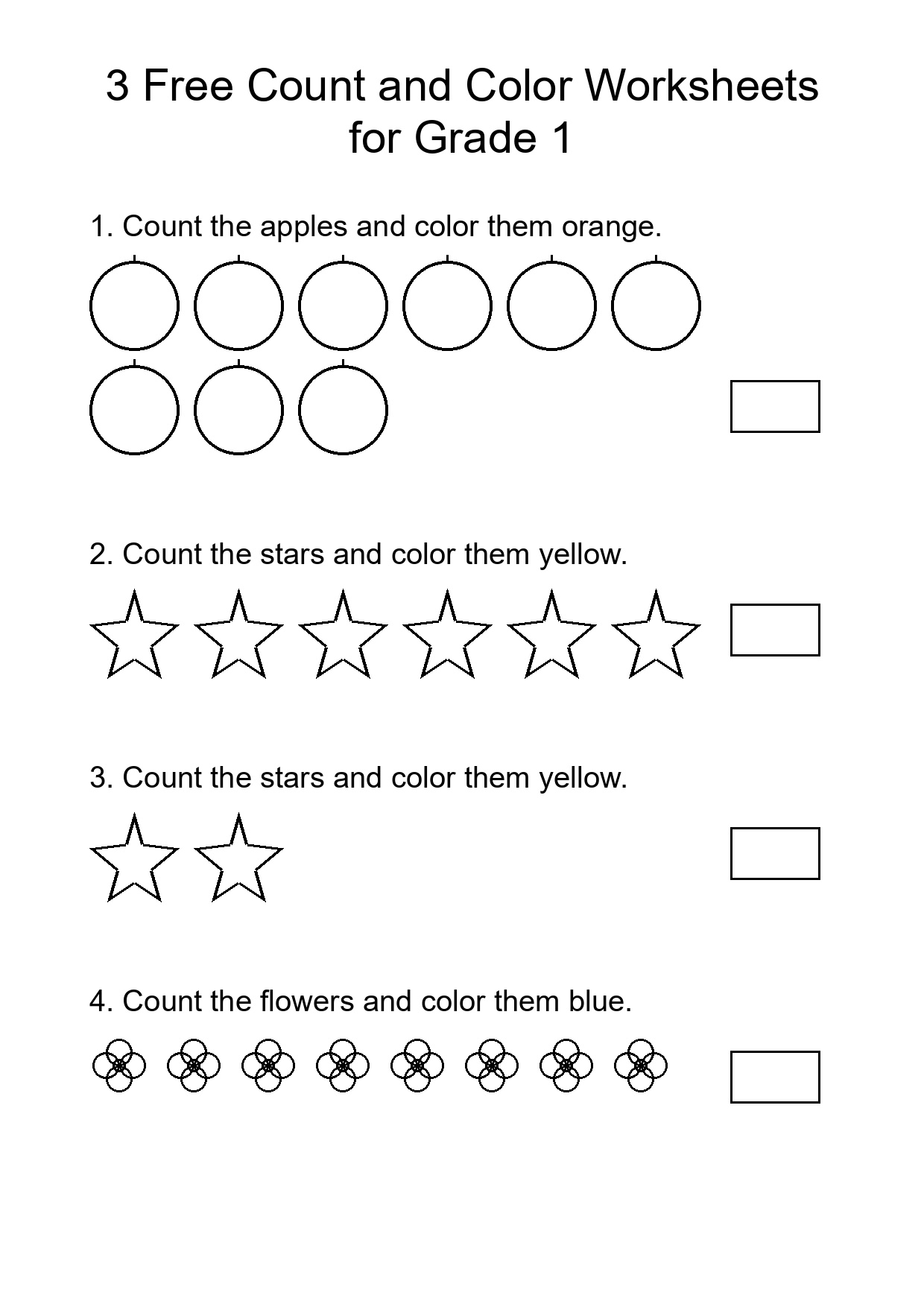 3 Free Count and Color Worksheets for Grade 1