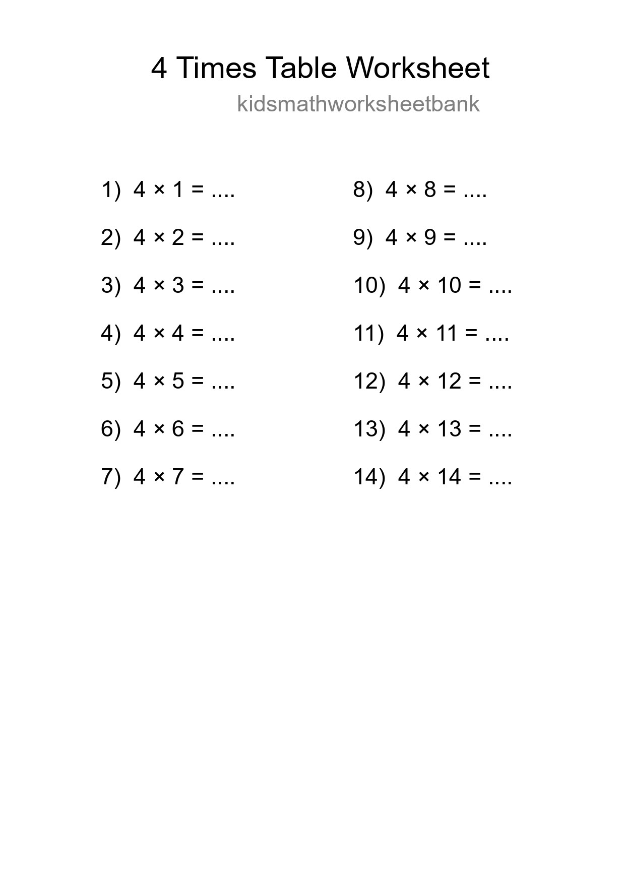 4 Times Table Worksheet For Grade 2 - Part 240