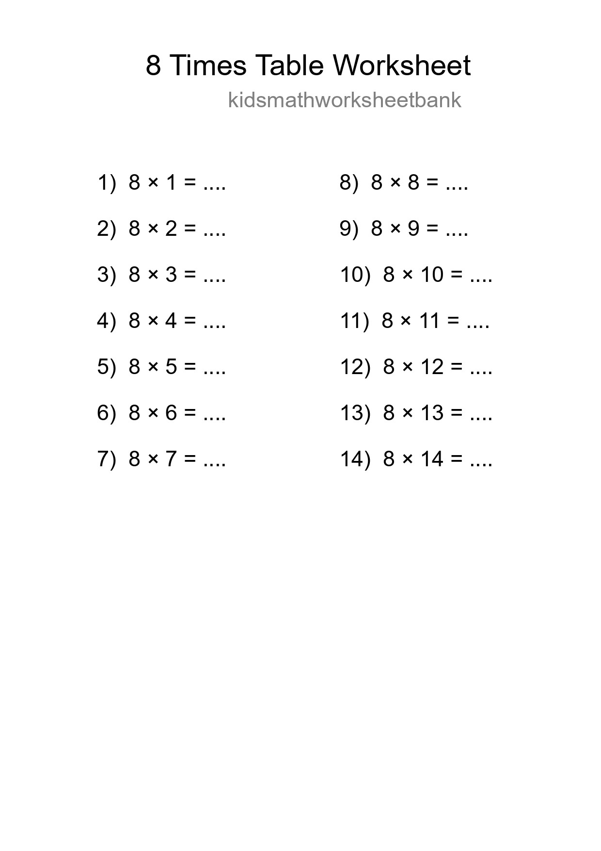 8 Times Table Worksheet For Grade 3 - Part 108