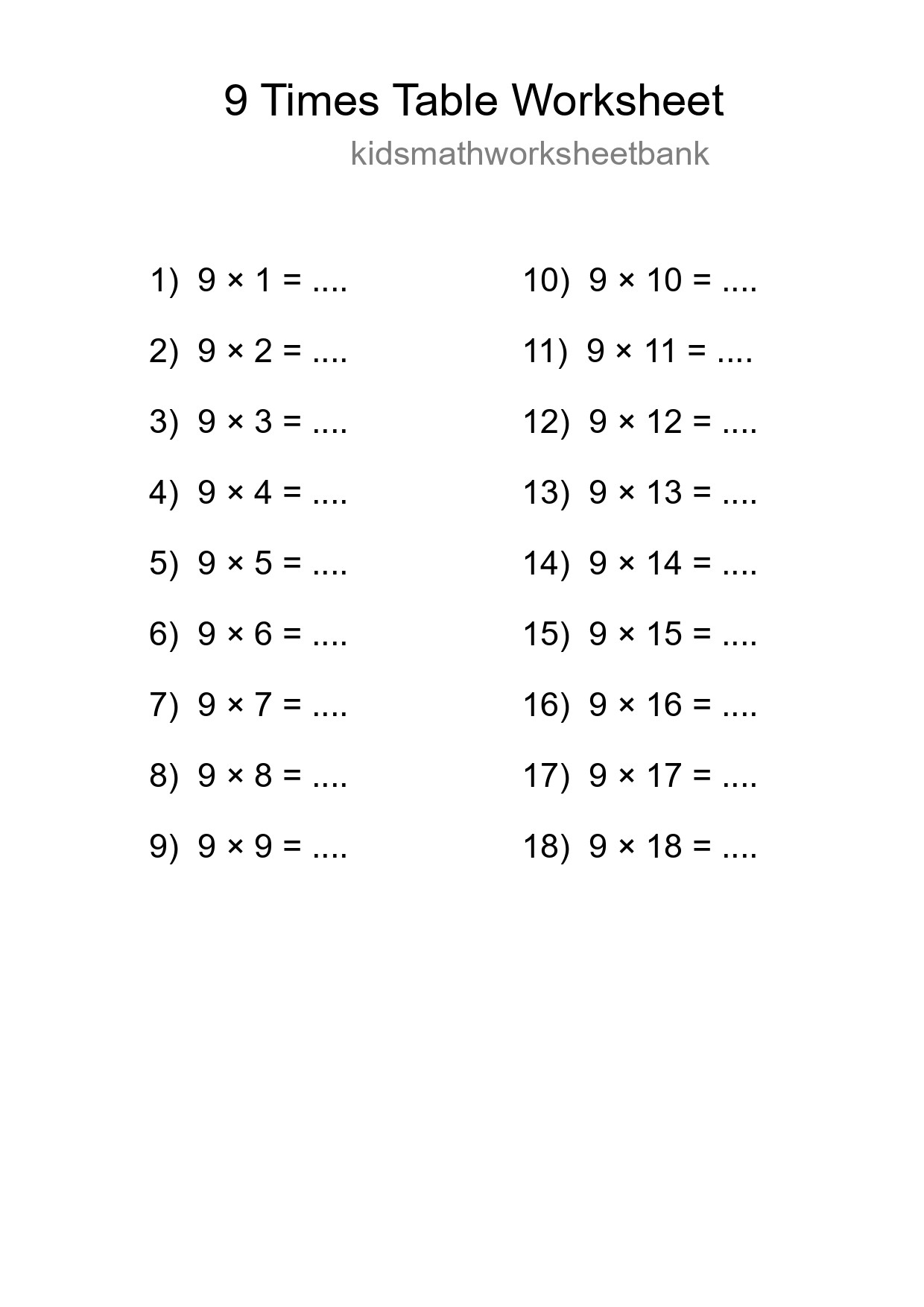 9 Times Table Worksheet For Grade 3 With Answers - Part 53