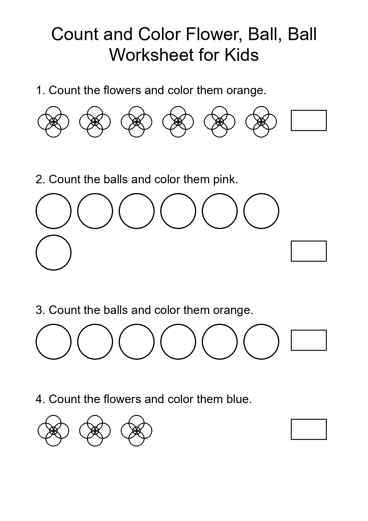 Count and Color Flower, Ball, Ball Worksheet for Kids