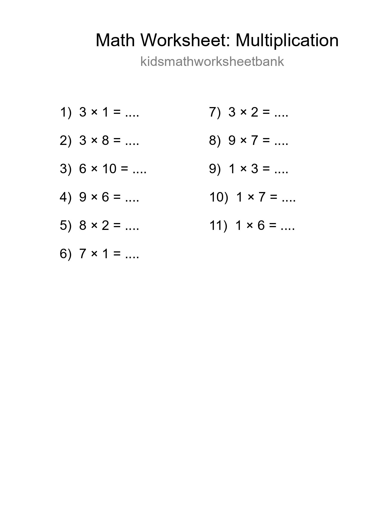 Free 11 Multiplication Math Worksheet For Grade 1 With Answers - Part 271