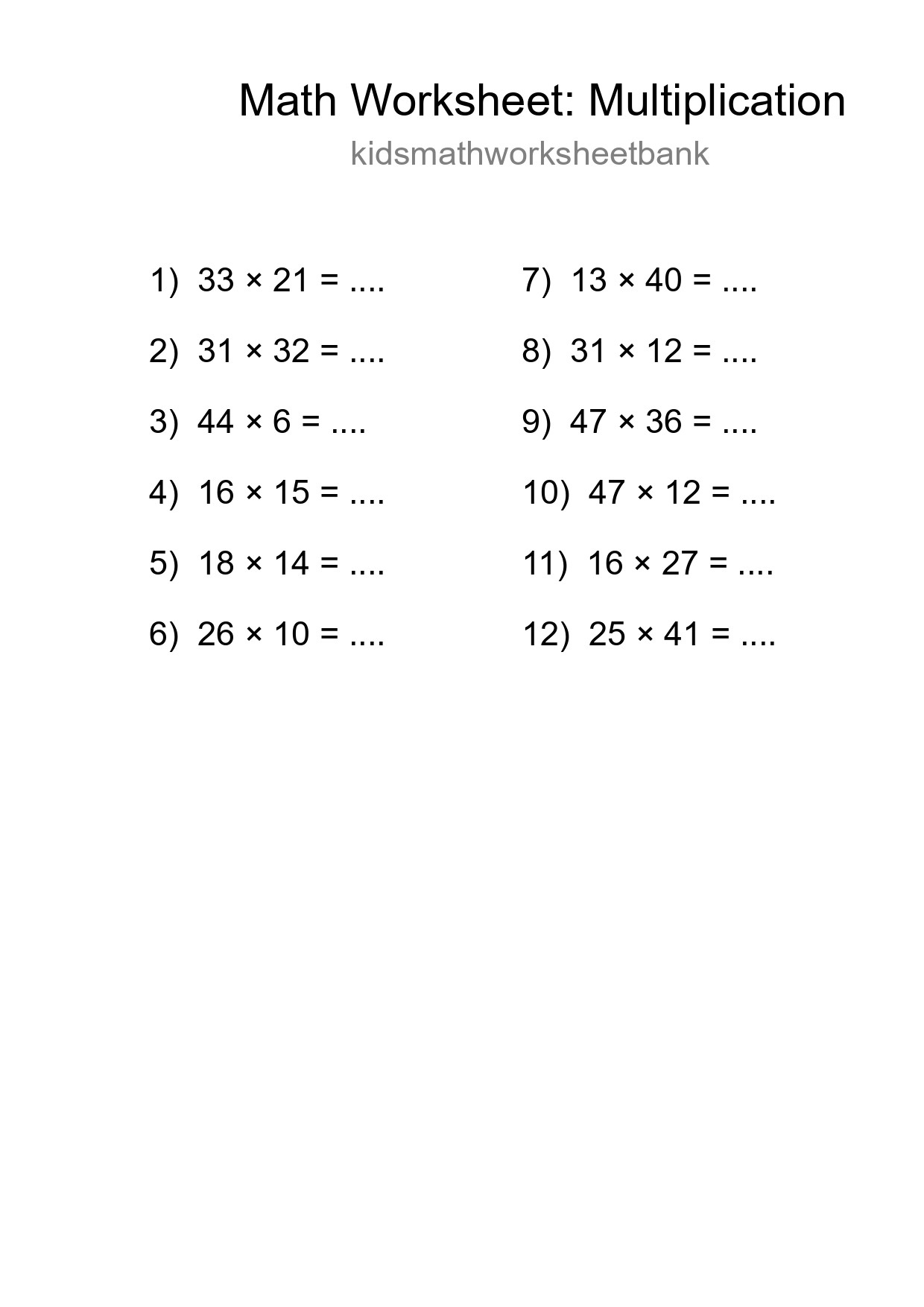Free 12 Multiplication Math Worksheet For Grade 2 With Answers - Part 95