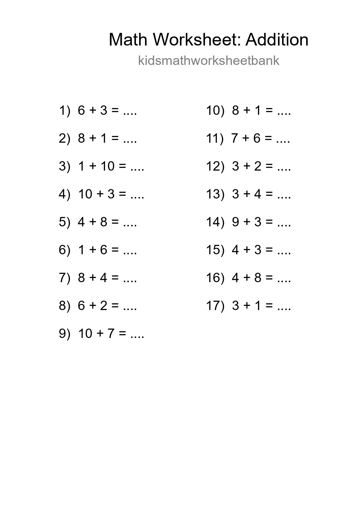 Free 17 Addition Math Worksheet For Grade 1 - Part 232