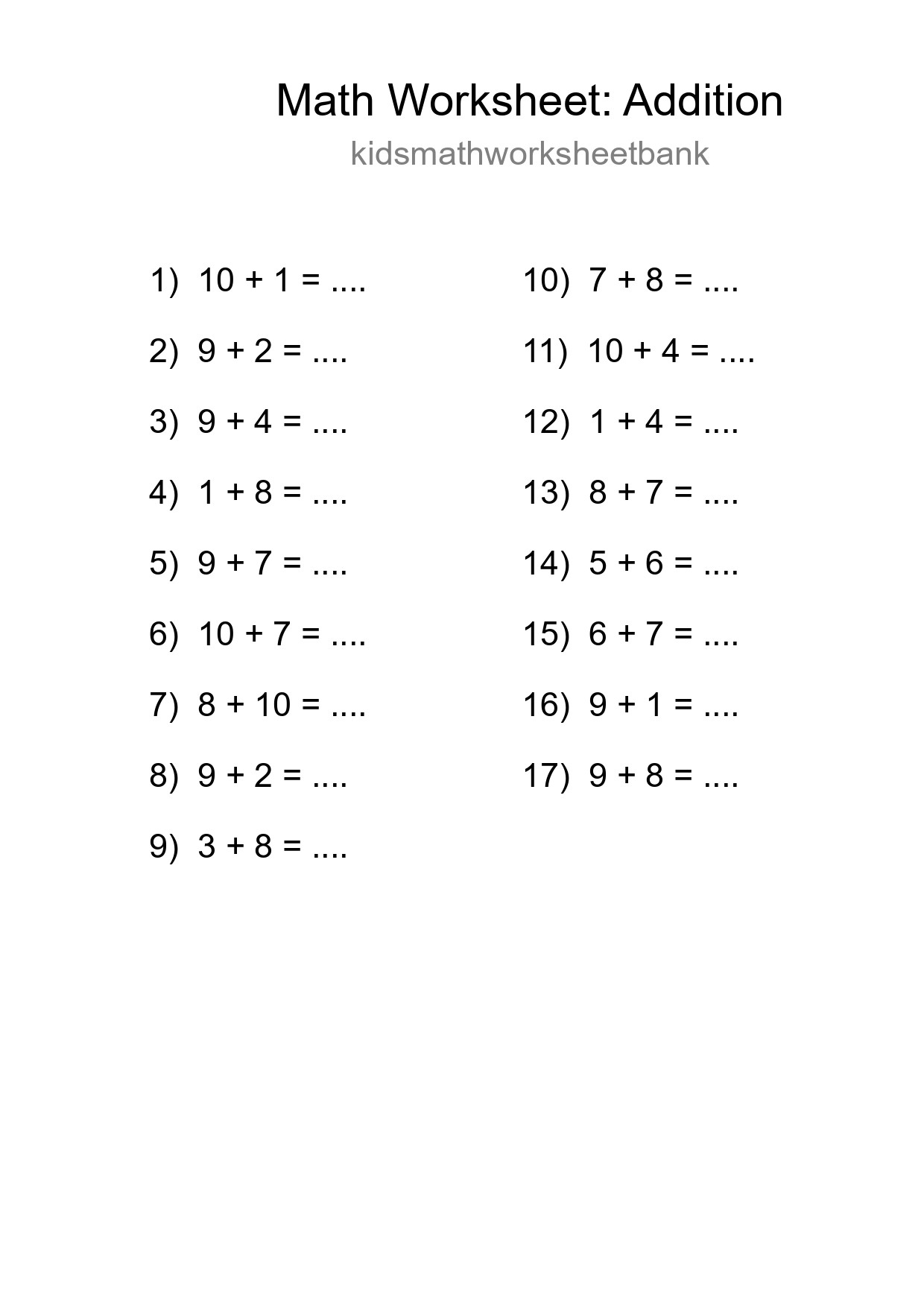 Free 17 Addition Math Worksheet For Grade 1 With Answers