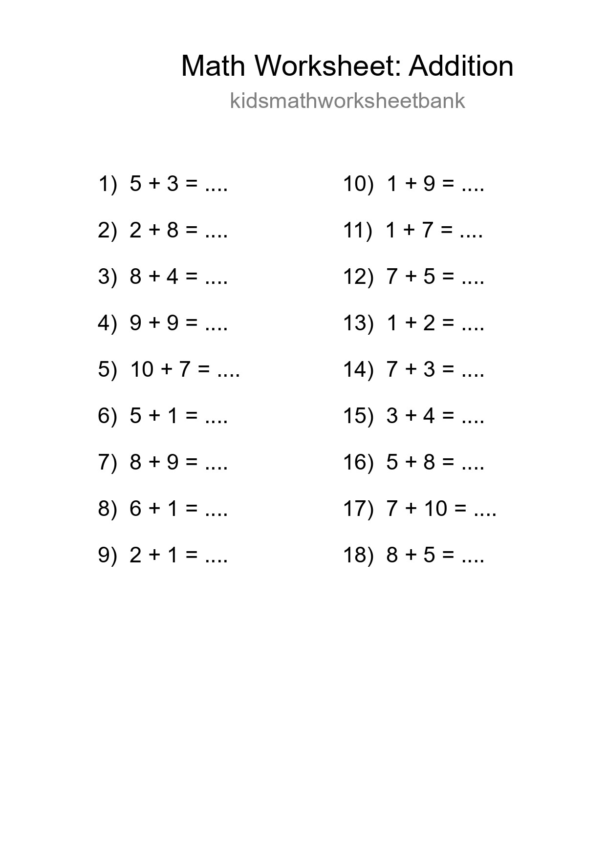 Free 18 Addition Math Worksheet For Grade 1 With Answers - Part 122