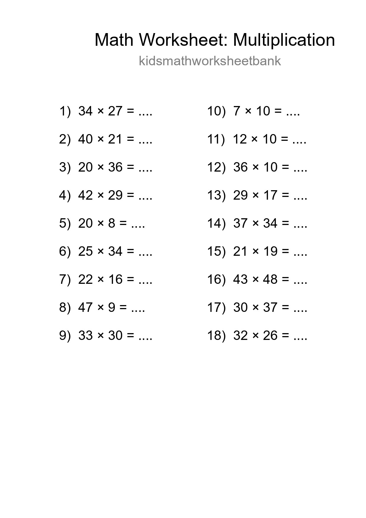 Free 18 Multiplication Math Worksheet For Grade 2 - Part 150