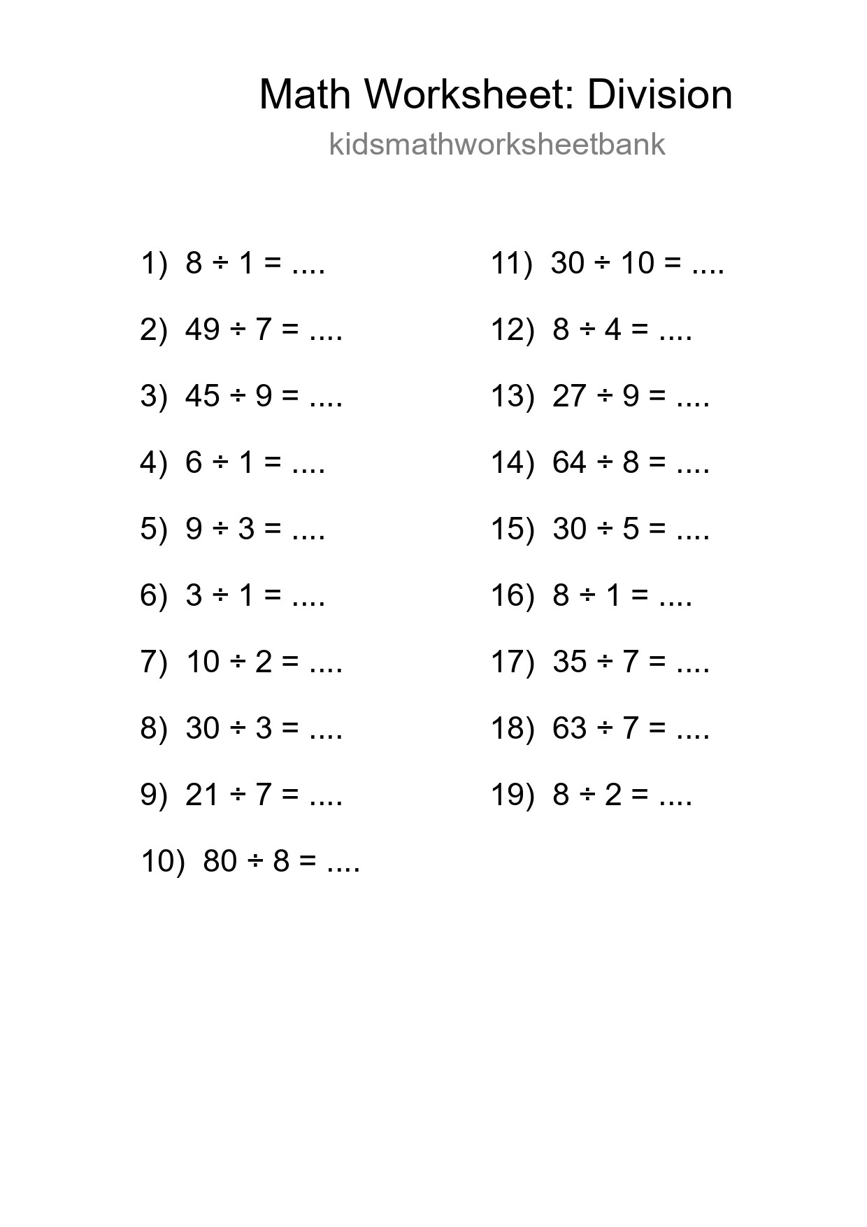 Free 19 Division Math Worksheet For Grade 1 With Answers - Part 136