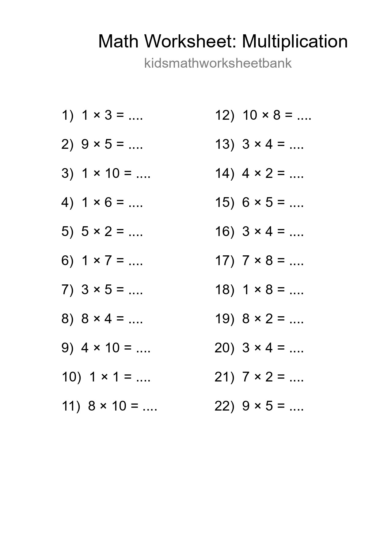 Free 22 Multiplication Math Worksheet For Grade 1 - Part 7