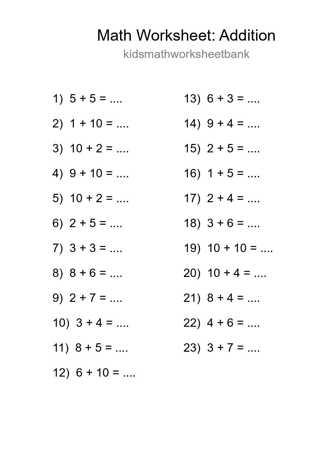 Free 23 Addition Math Worksheet For Grade 1 - Part 254
