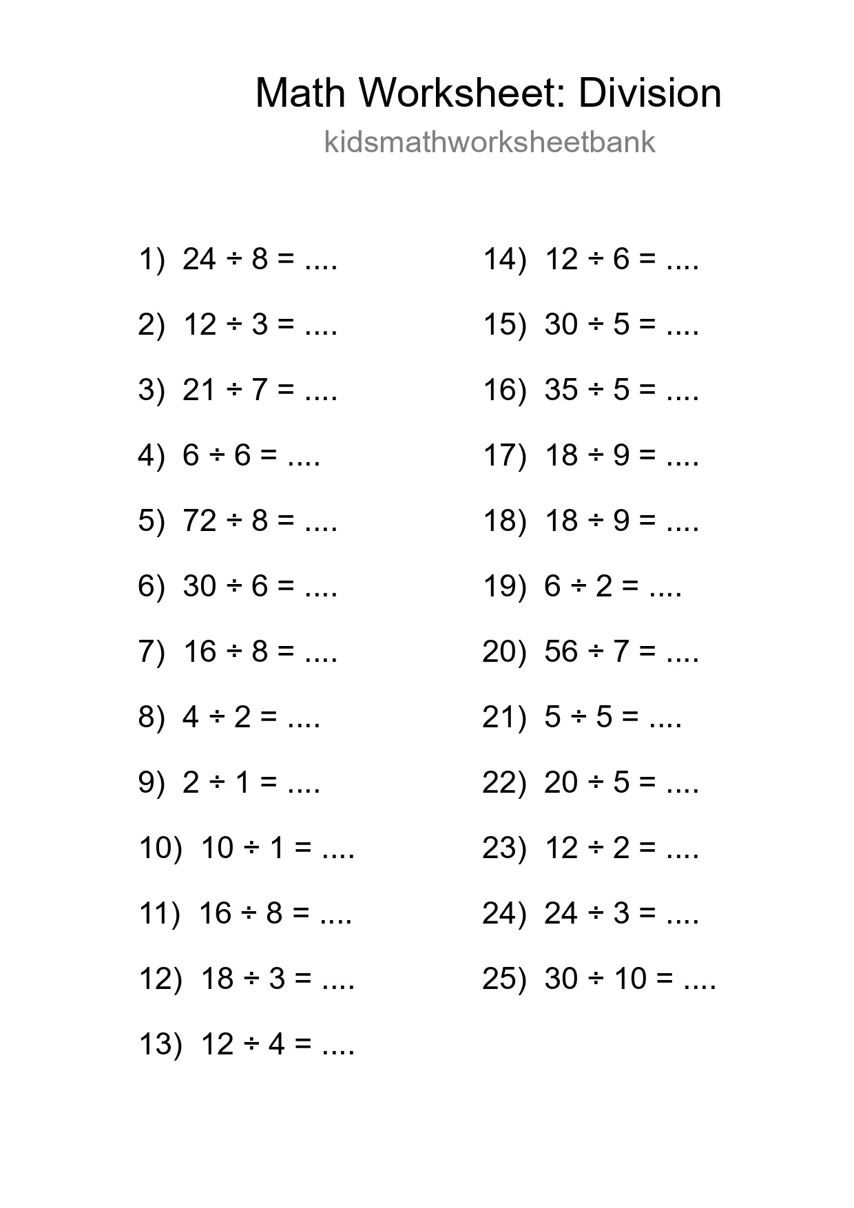 Free 25 Division Math Worksheet For Grade 1 - Part 15