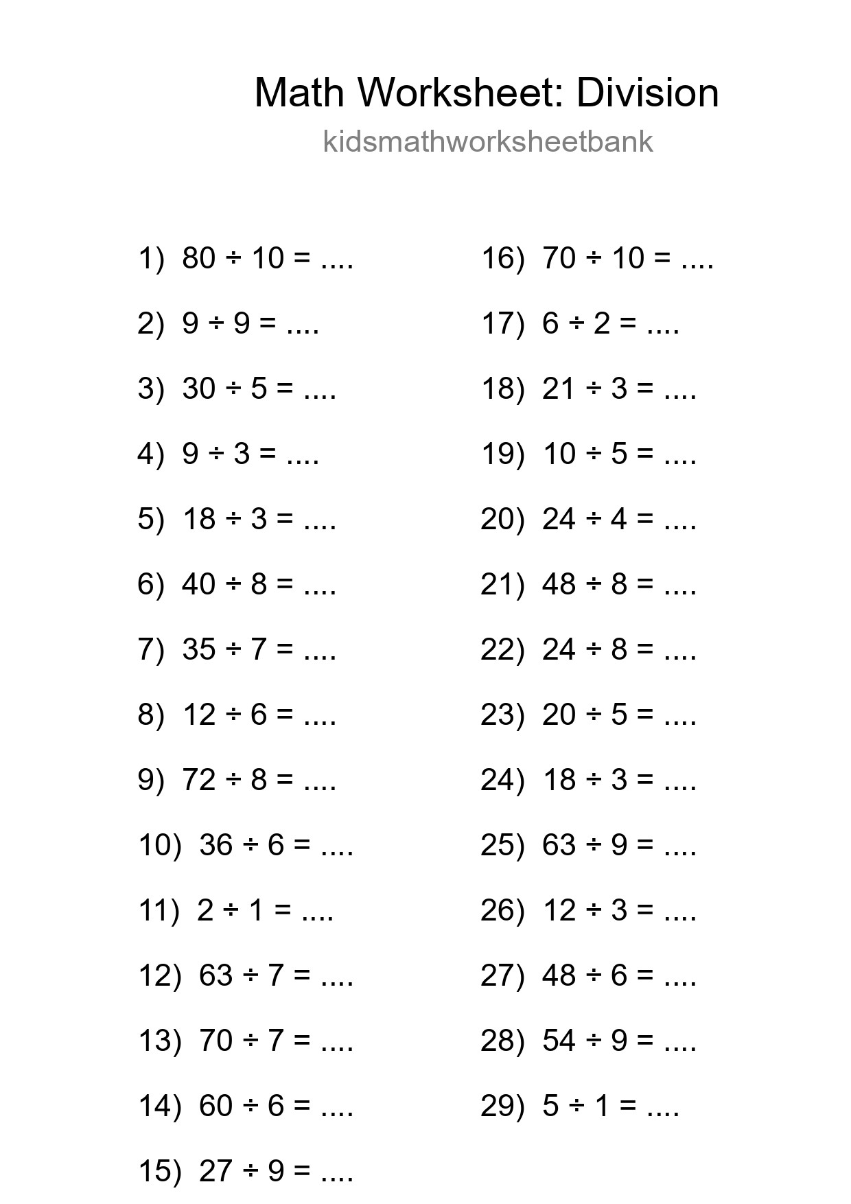 Free 29 Division Math Worksheet For Grade 1 With Answers - Part 235