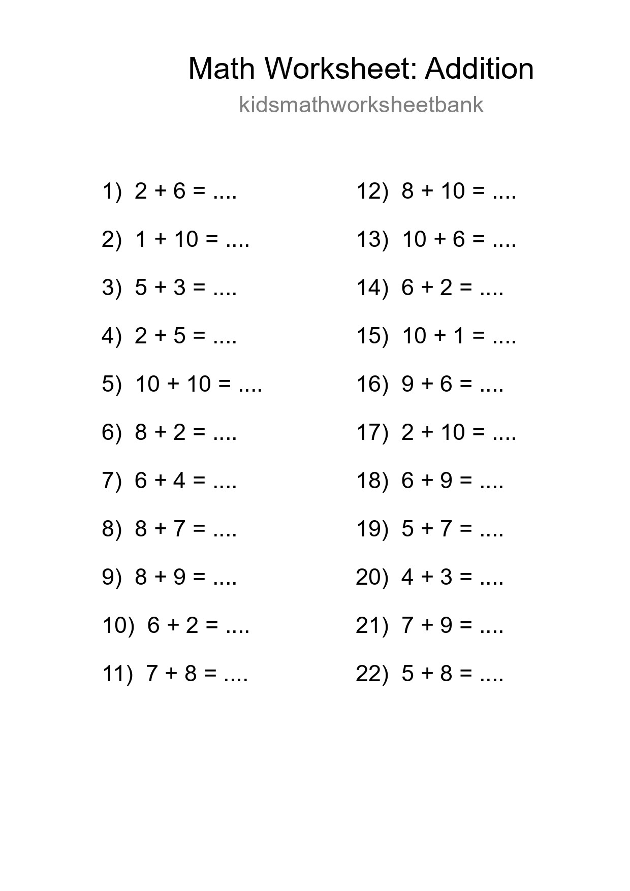 Grade 1 Addition Practice Worksheet (22 Problems) - Part 188