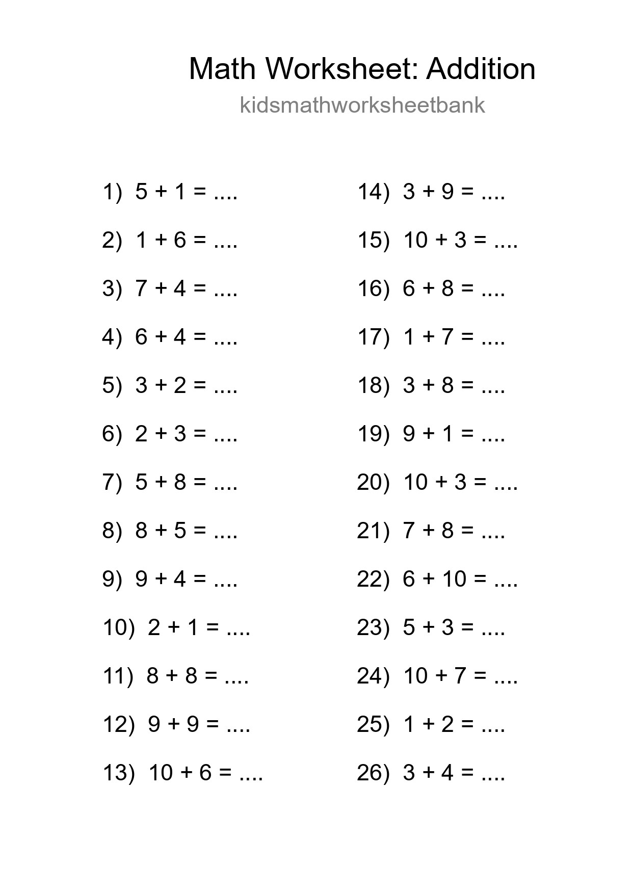 Grade 1 Addition Practice Worksheet (26 Problems) - Part 265