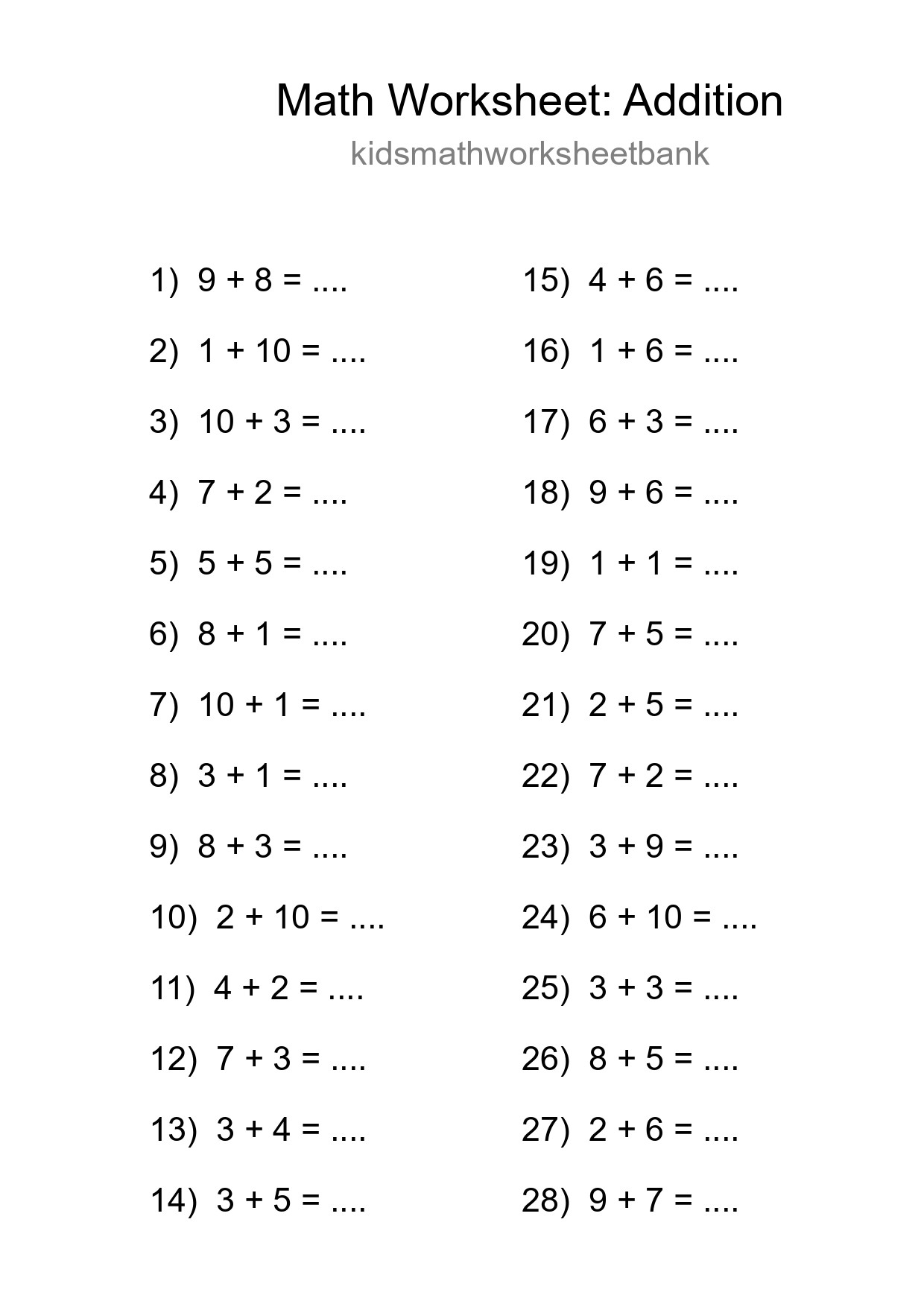 Grade 1 Addition Practice Worksheet (28 Problems) - Part 155