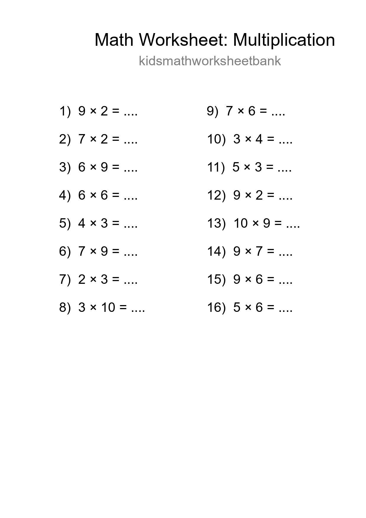 Grade 1 Multiplication Practice Worksheet (16 Problems) - Part 139