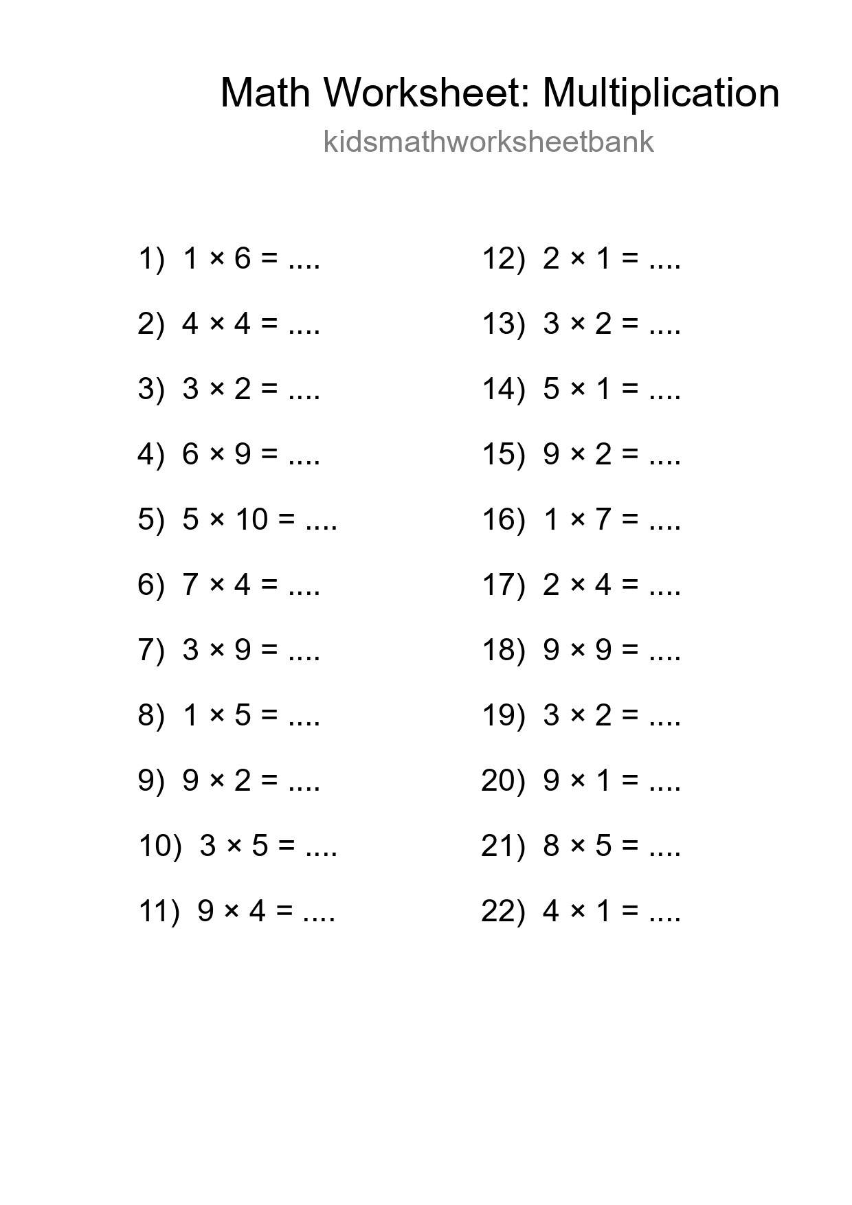 Grade 1 Multiplication Practice Worksheet (22 Problems) - Part 73