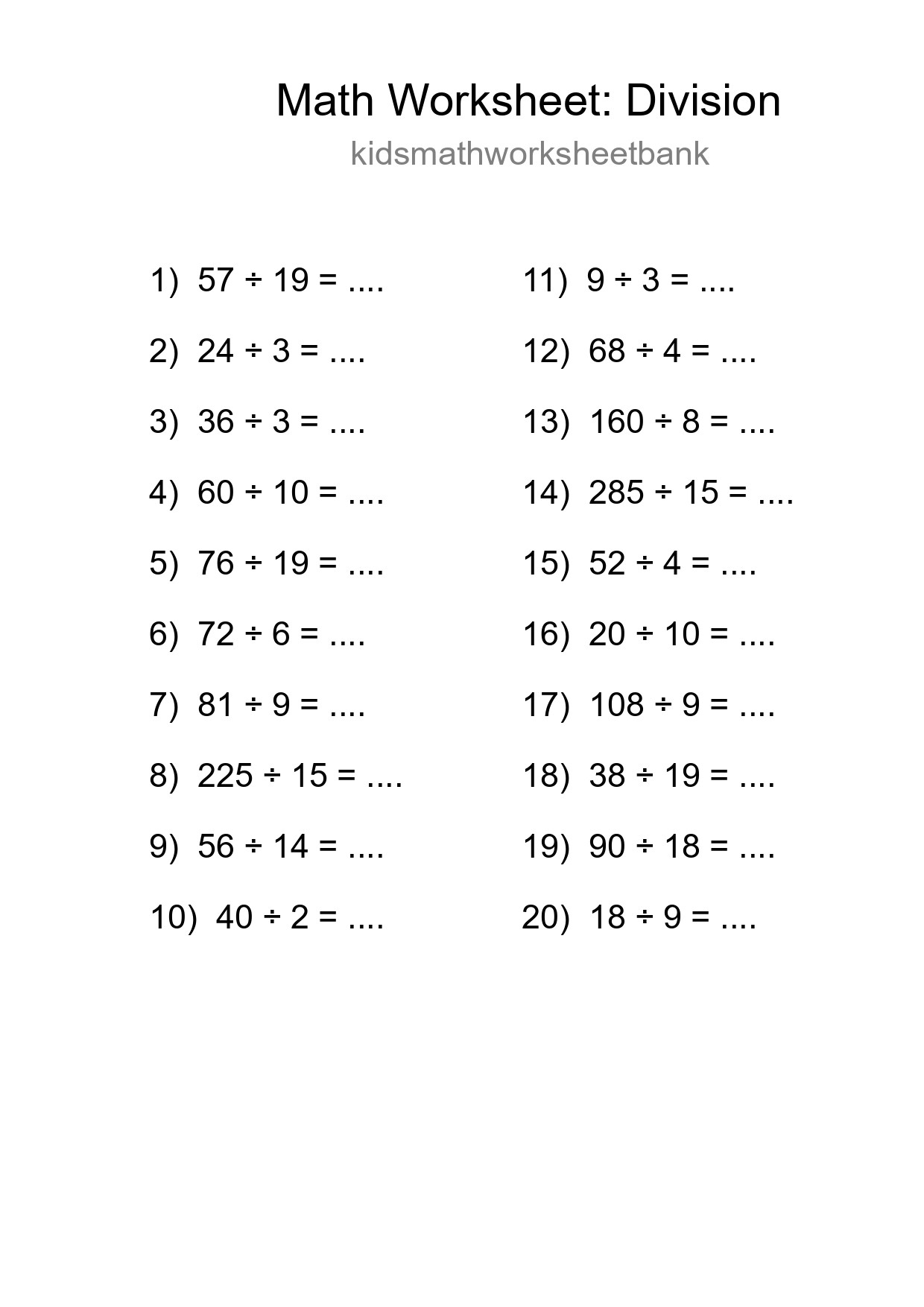 Grade 2 Division Practice Worksheet (20 Problems) - Part 279