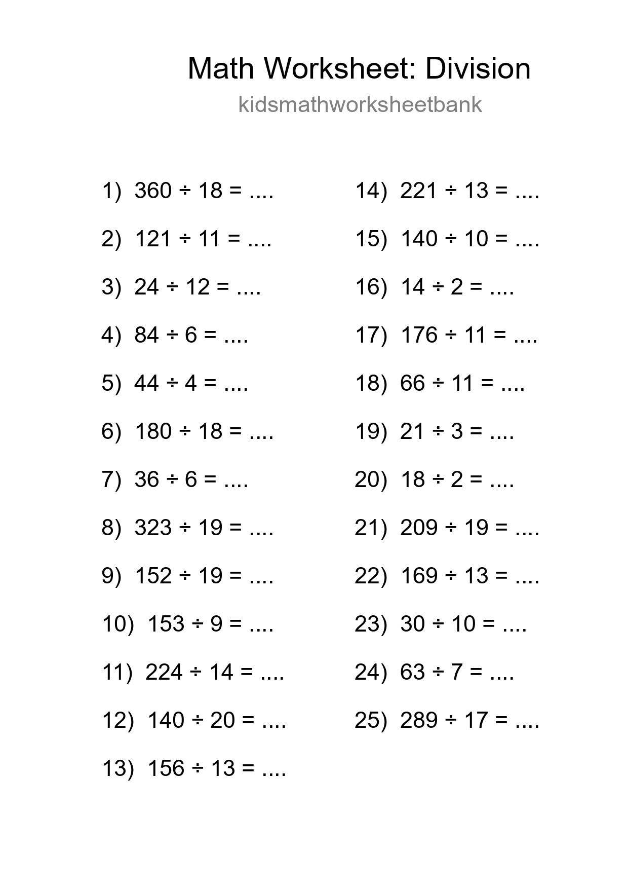 Grade 2 Division Practice Worksheet (25 Problems) - Part 268
