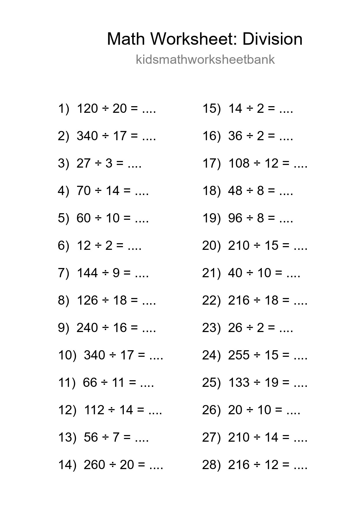 Grade 2 Division Practice Worksheet (28 Problems) - Part 147