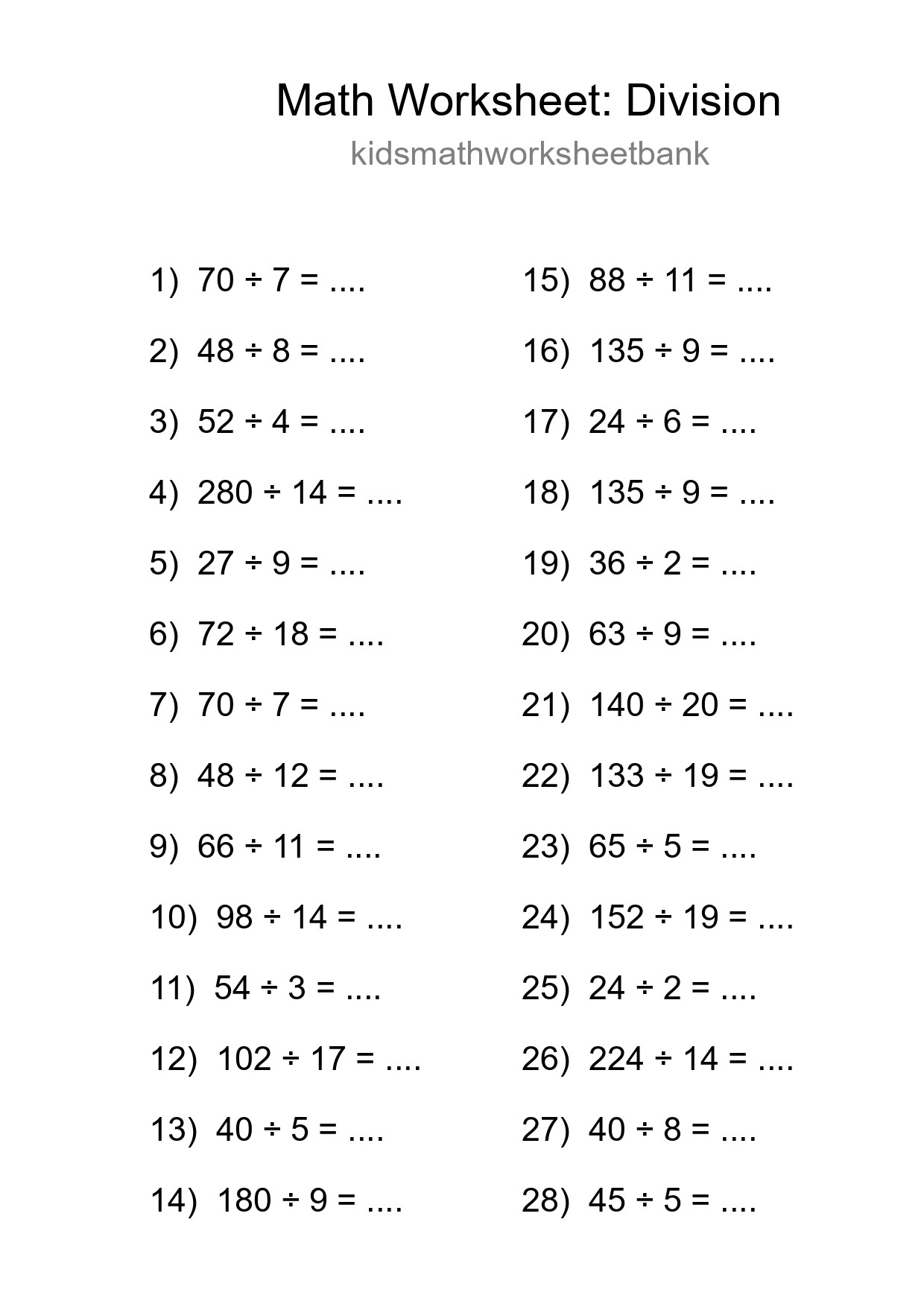 Grade 2 Division Practice Worksheet (28 Problems) - Part 92