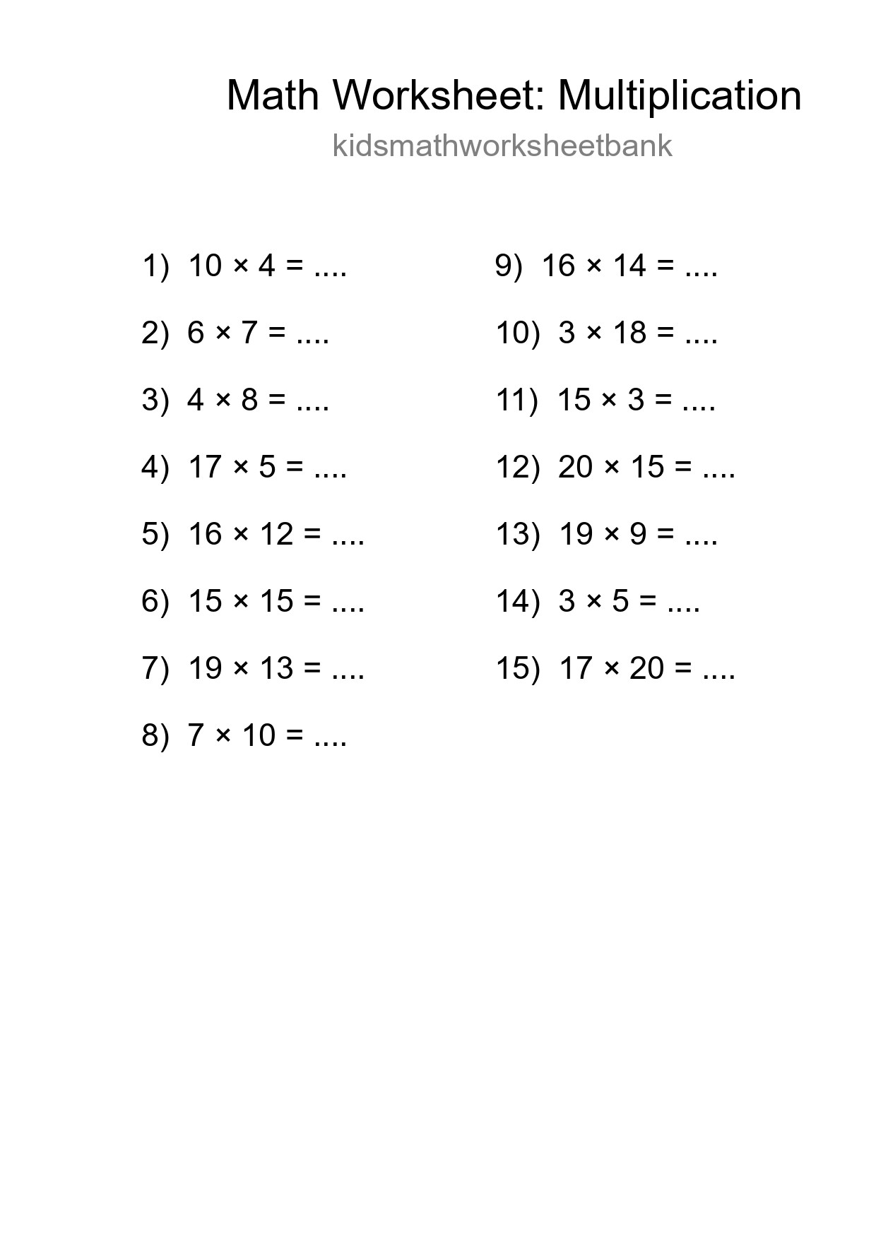 Grade 2 Multiplication Practice Worksheet (15 Problems) - Part 282
