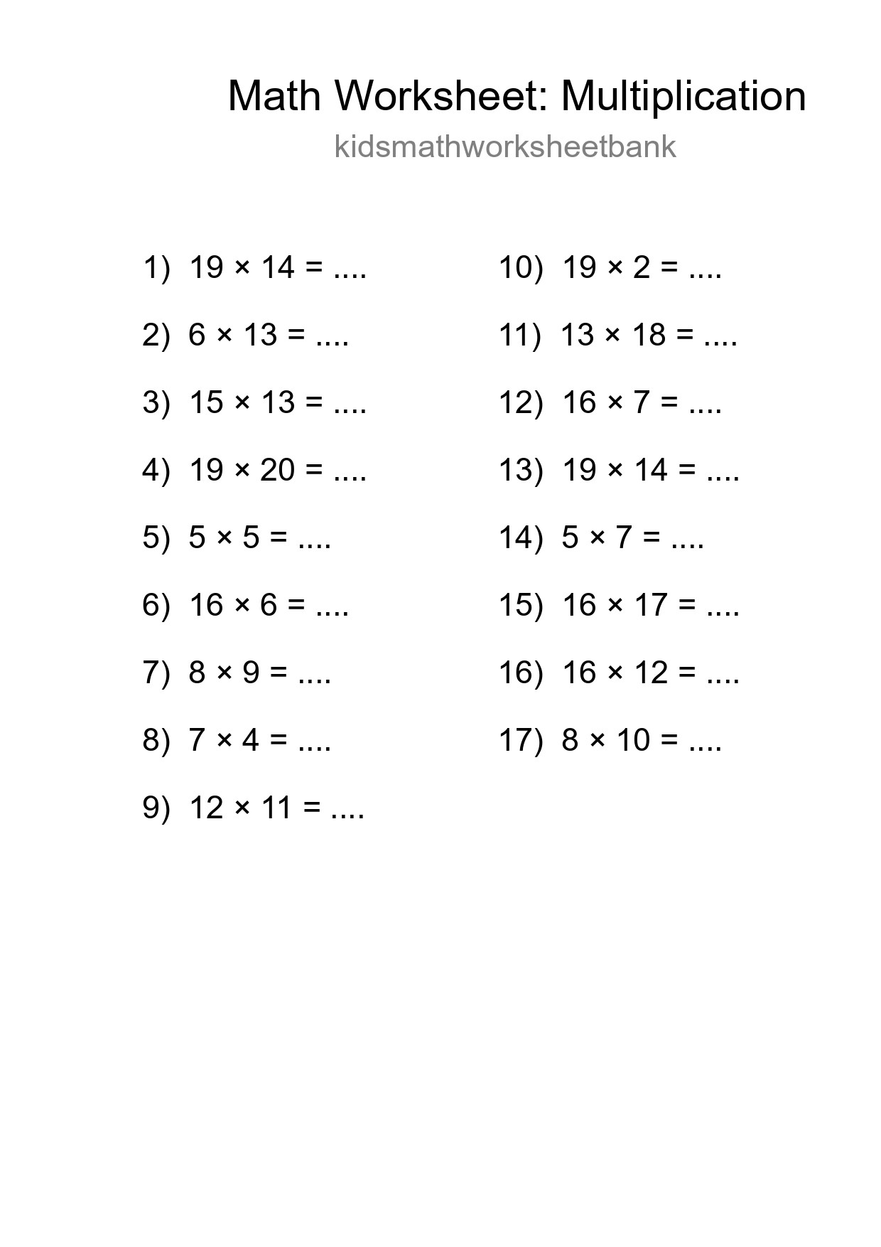 Grade 2 Multiplication Practice Worksheet (17 Problems) - Part 128