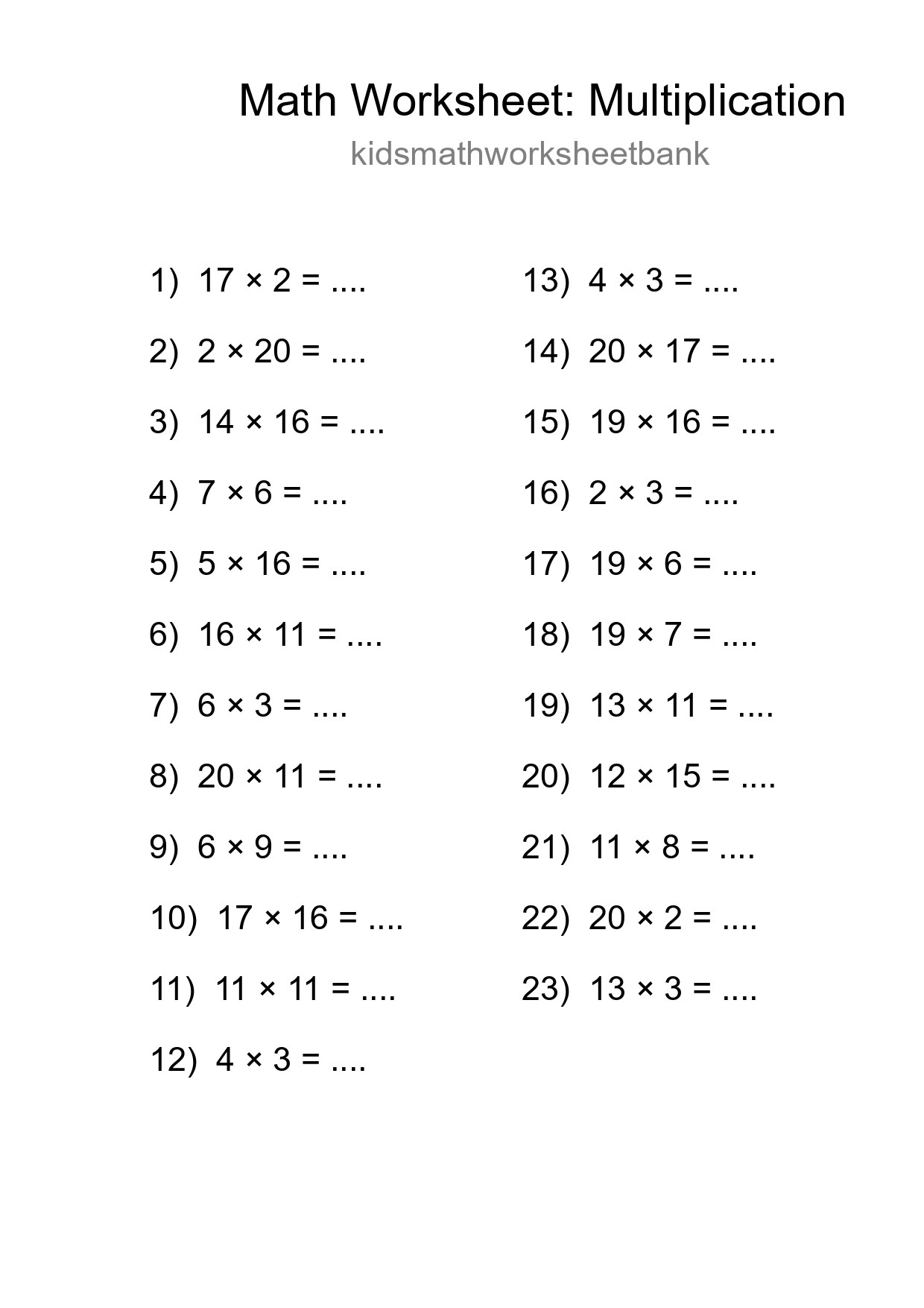 Grade 2 Multiplication Practice Worksheet (23 Problems) - Part 18