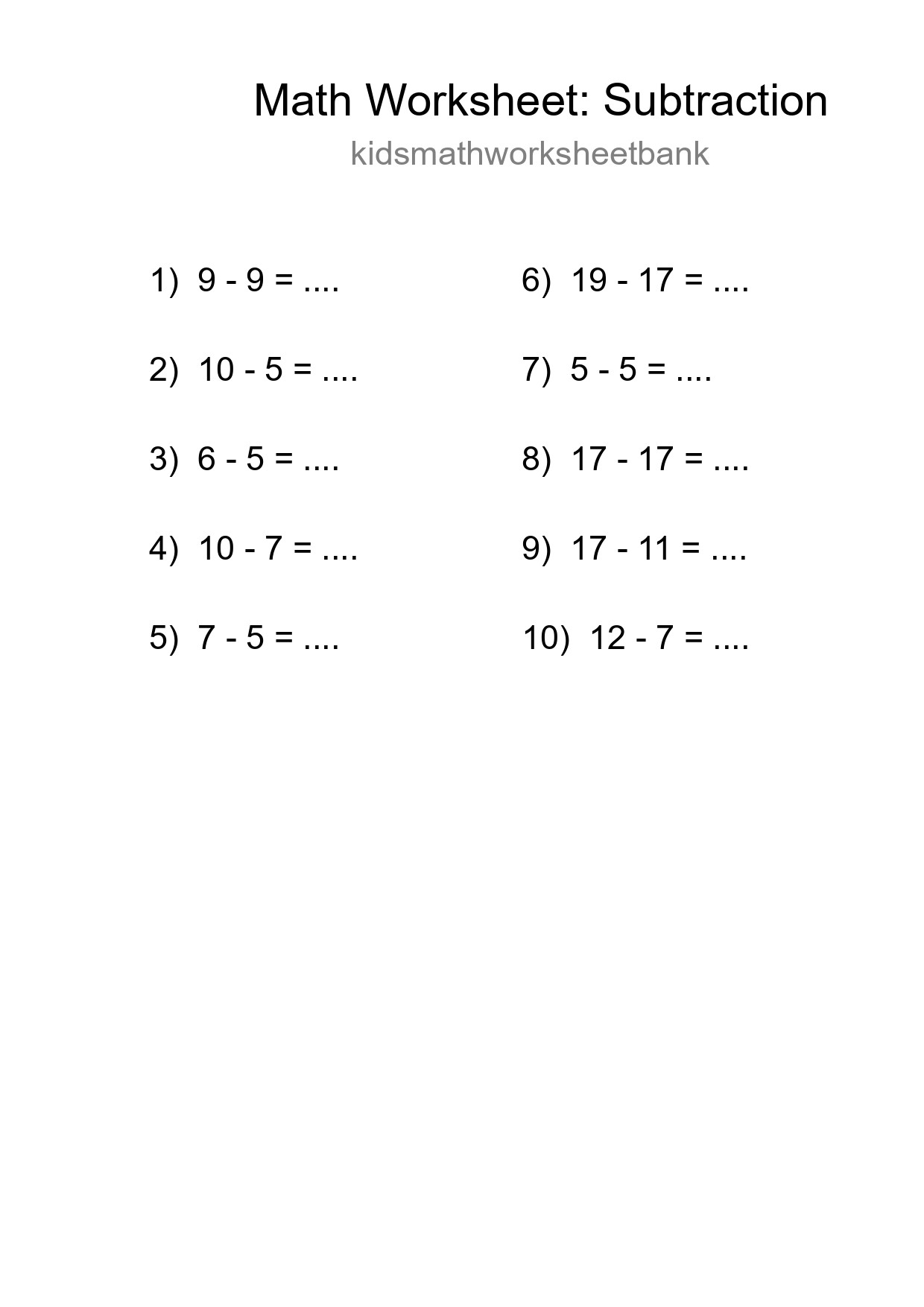 Grade 2 Subtraction Practice Worksheet (10 Problems) - Part 63