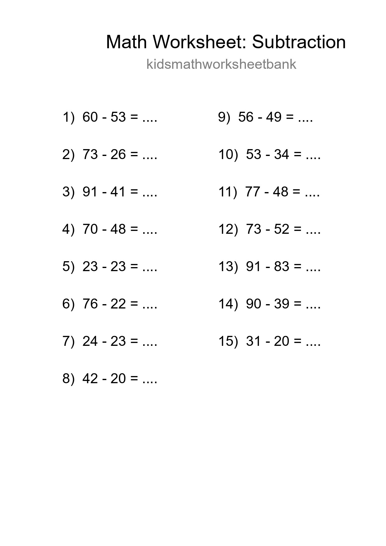 Grade 3 Subtraction Practice Worksheet (15 Problems) - Part 118
