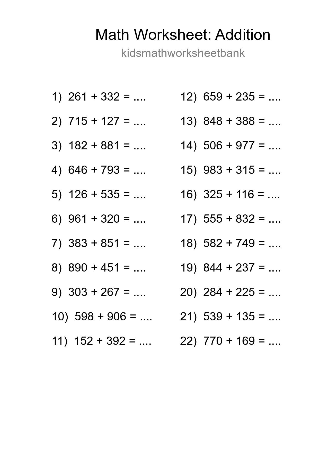 Grade 5 Addition Practice Worksheet (22 Problems) - Part 89
