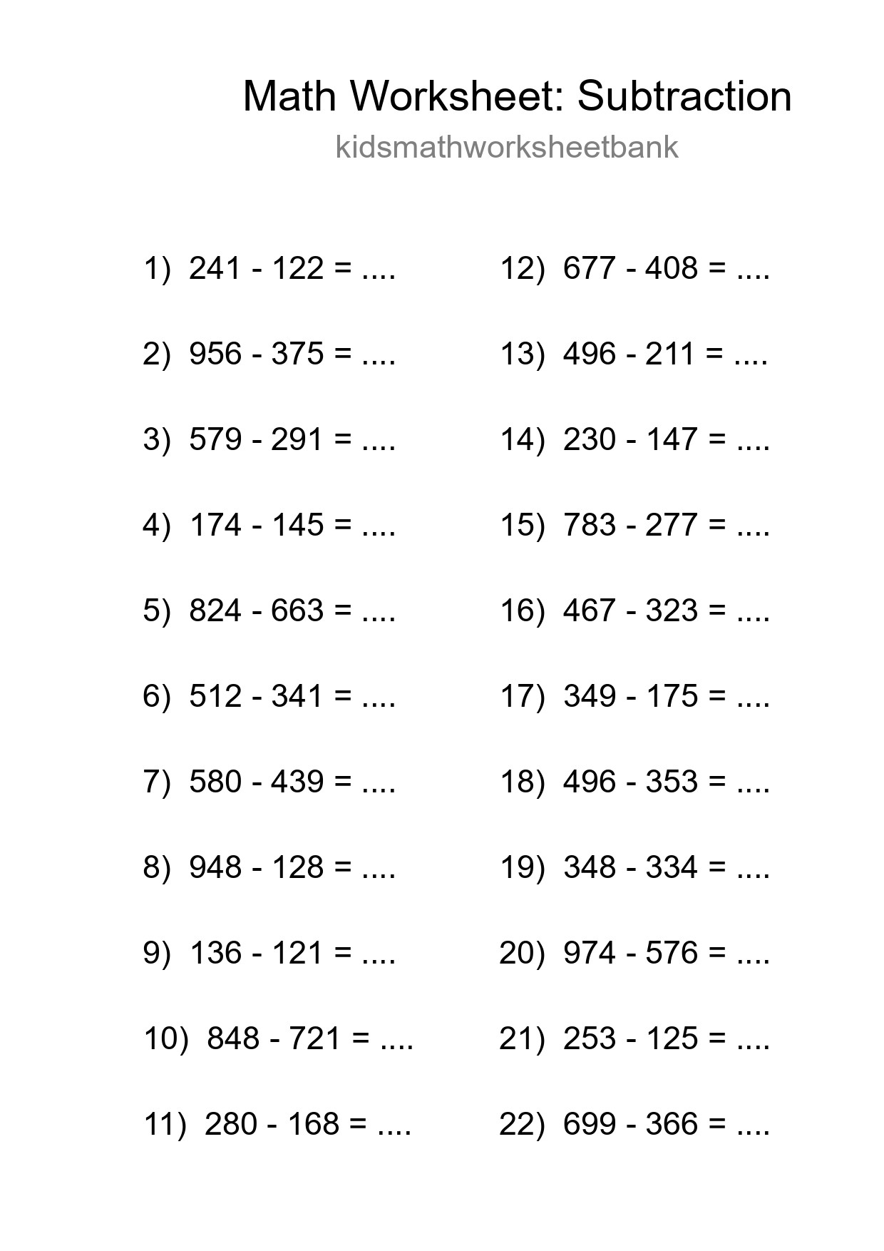 Grade 5 Subtraction Practice Worksheet (22 Problems) - Part 261