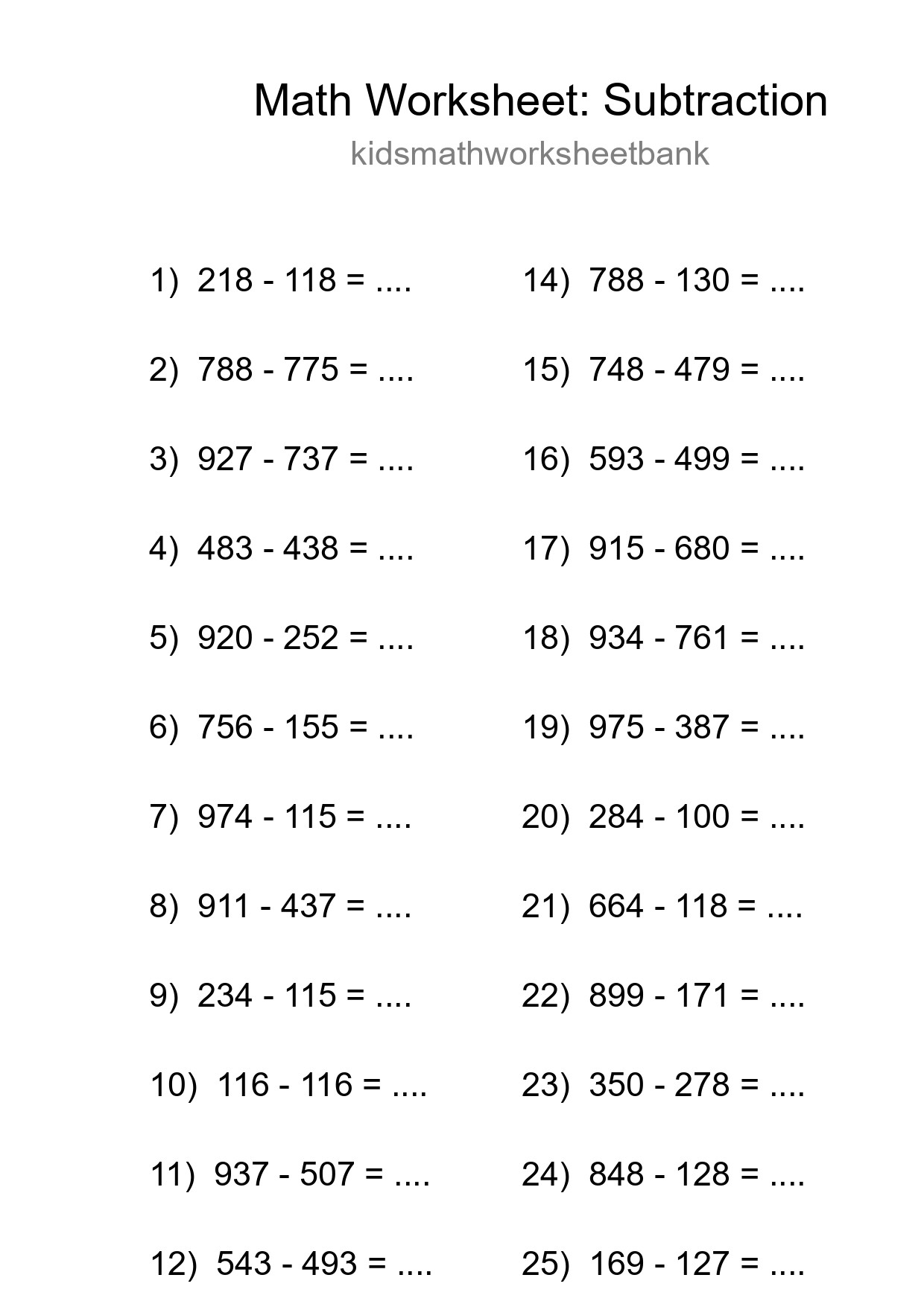 Grade 5 Subtraction Practice Worksheet (25 Problems) - Part 272