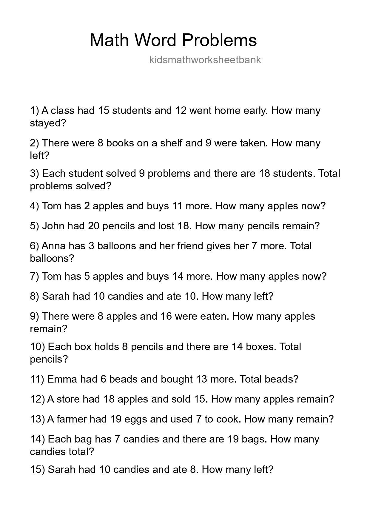 Math Word Problem Worksheet