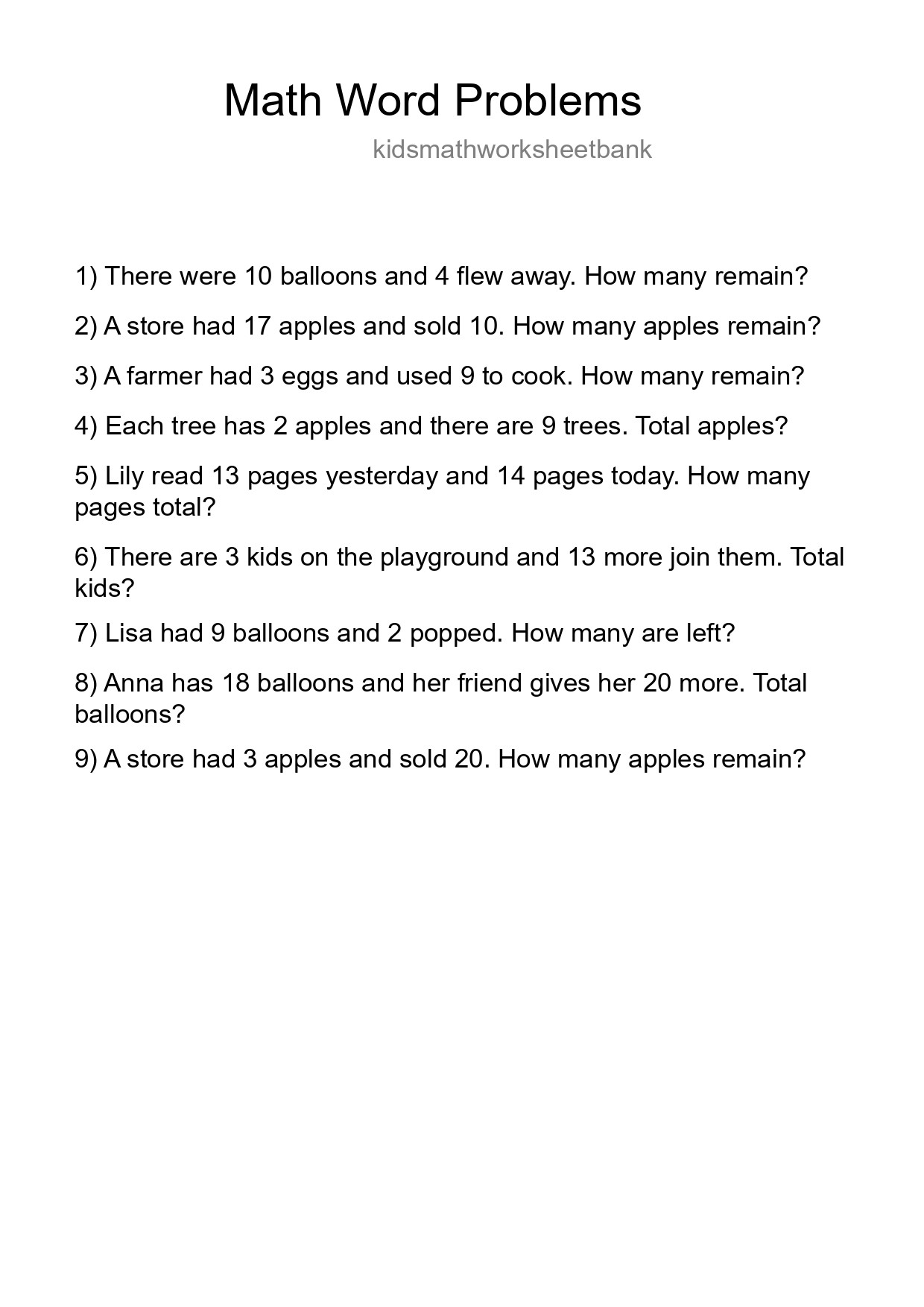 Math Word Problem Worksheet