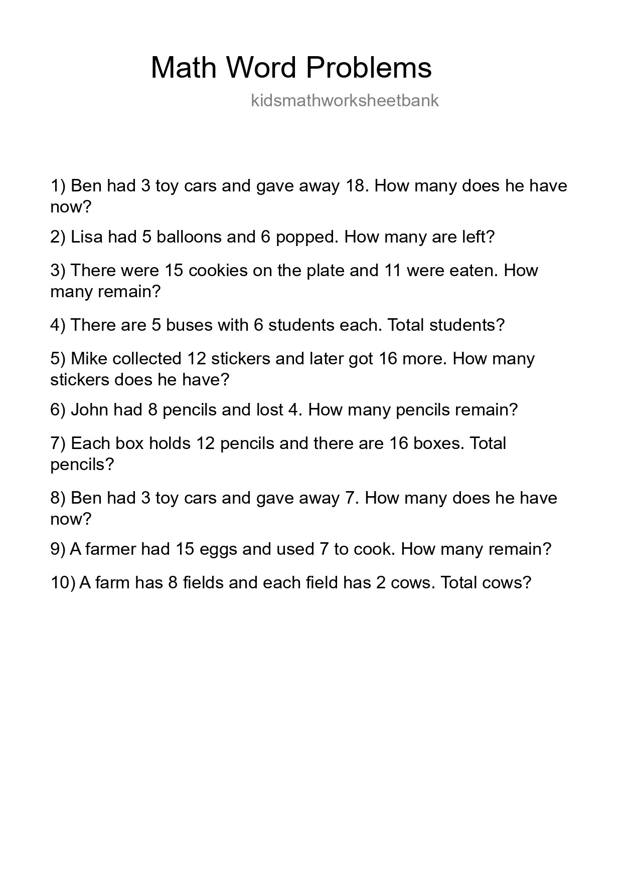 Math Word Problem Worksheet