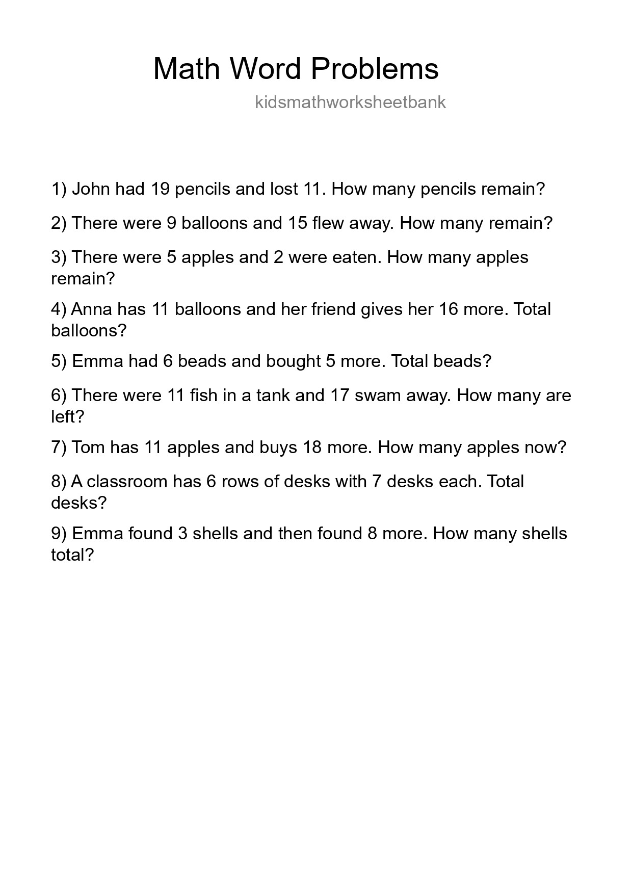 Math Word Problem Worksheet