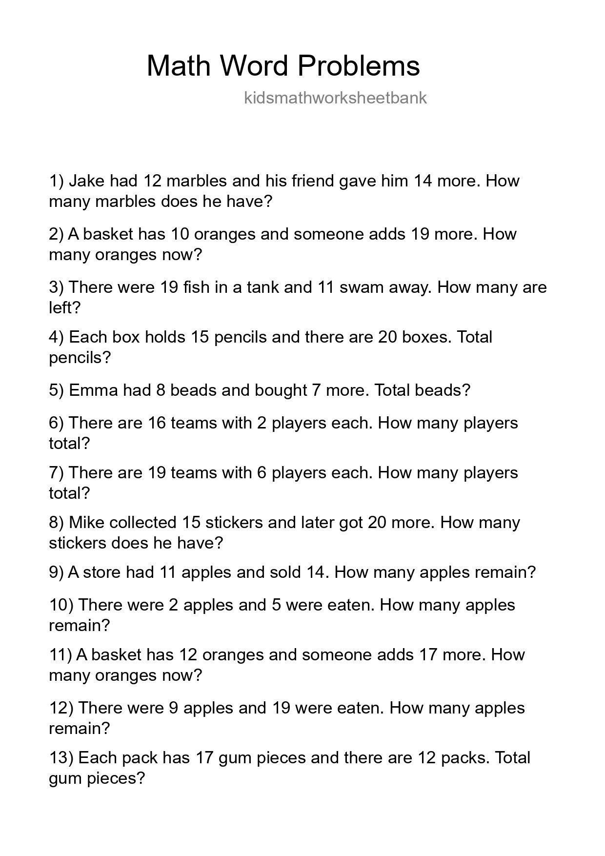 Math Word Problem Worksheet