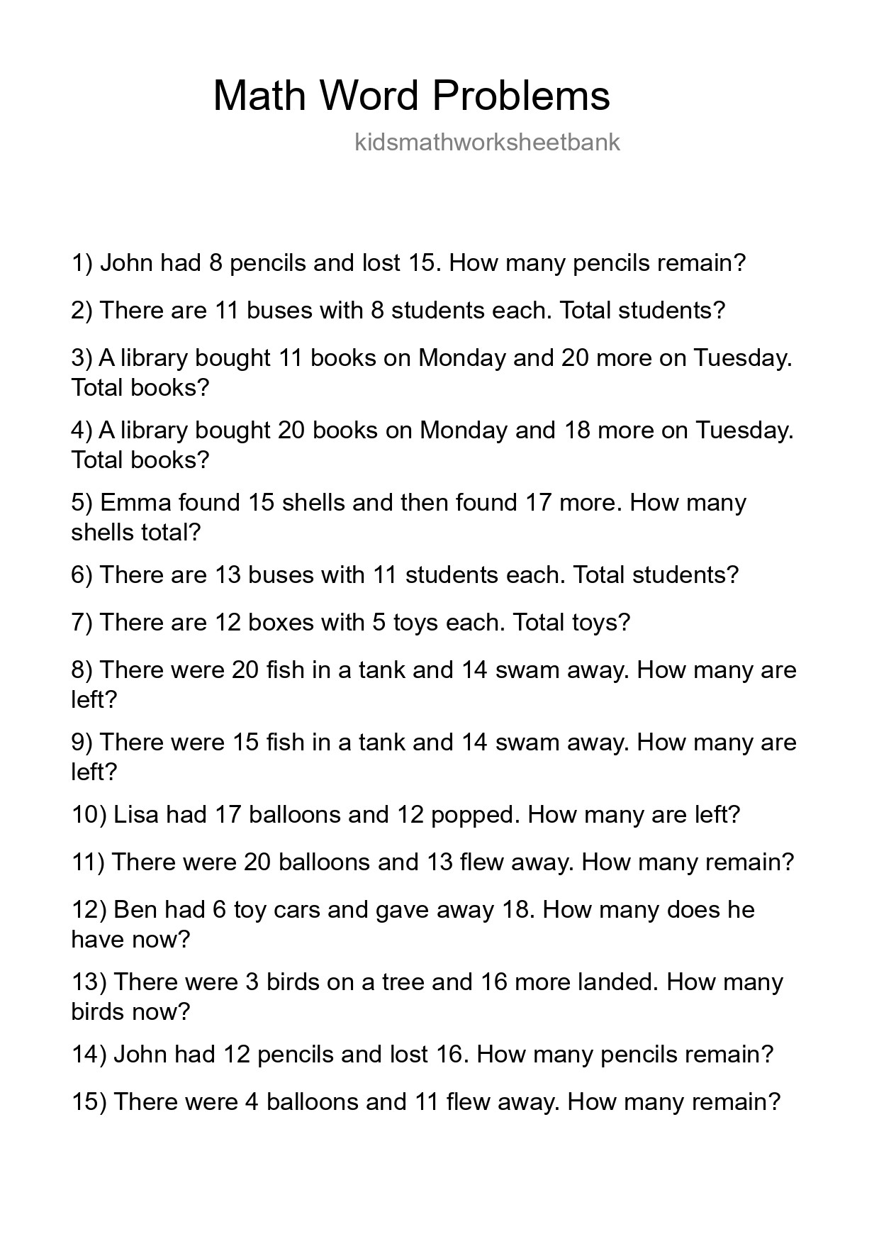 Math Word Problem Worksheet