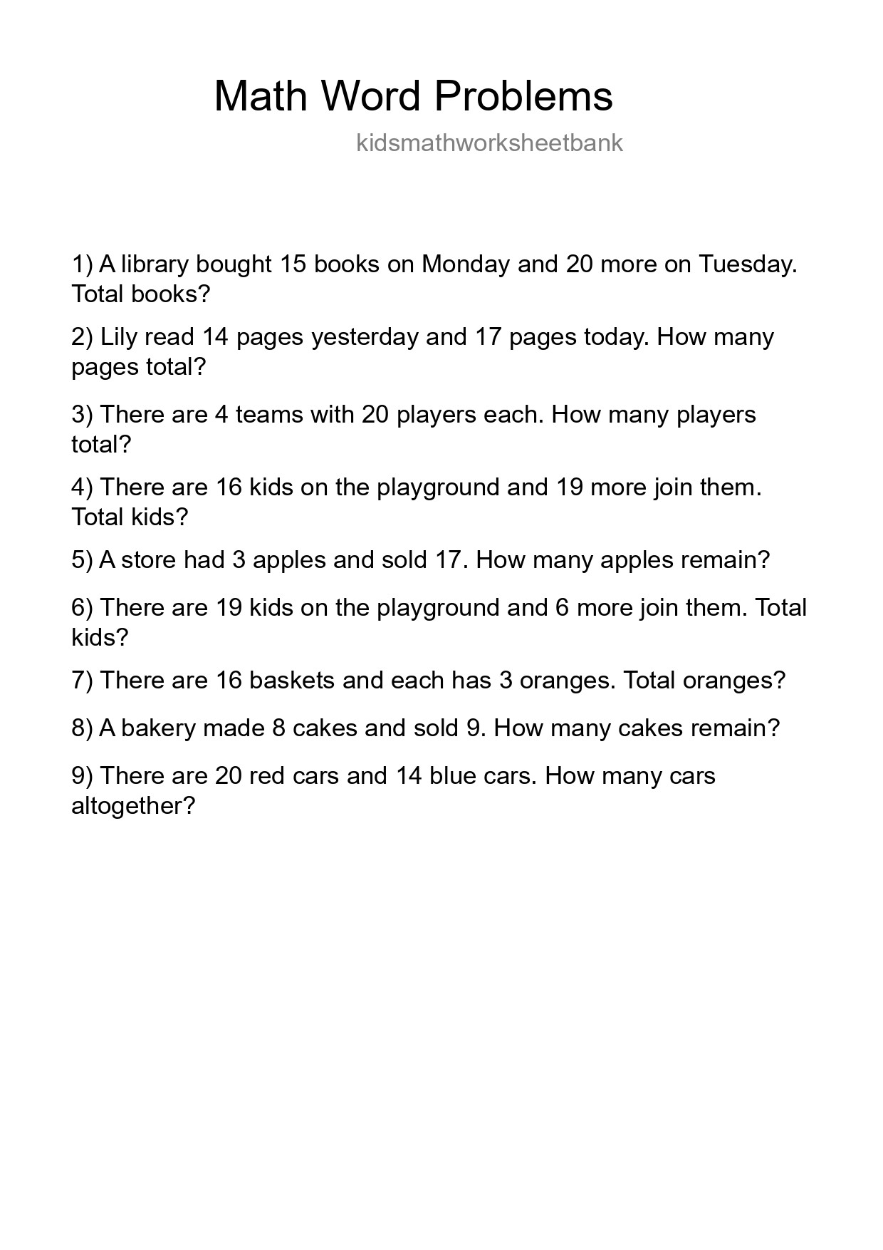 Math Word Problem Worksheet