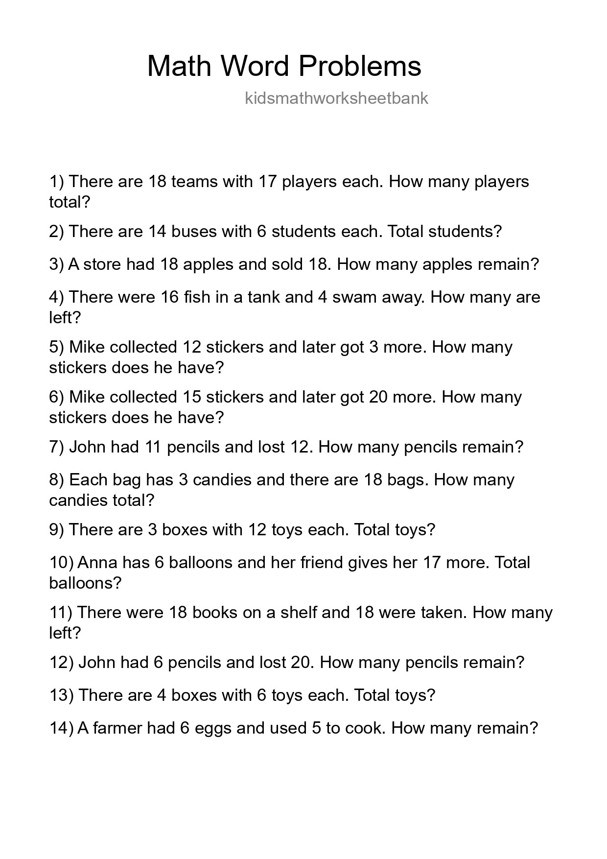 Math Word Problem Worksheet