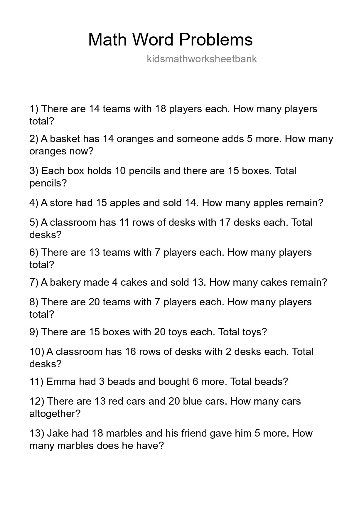 Math Word Problem Worksheet