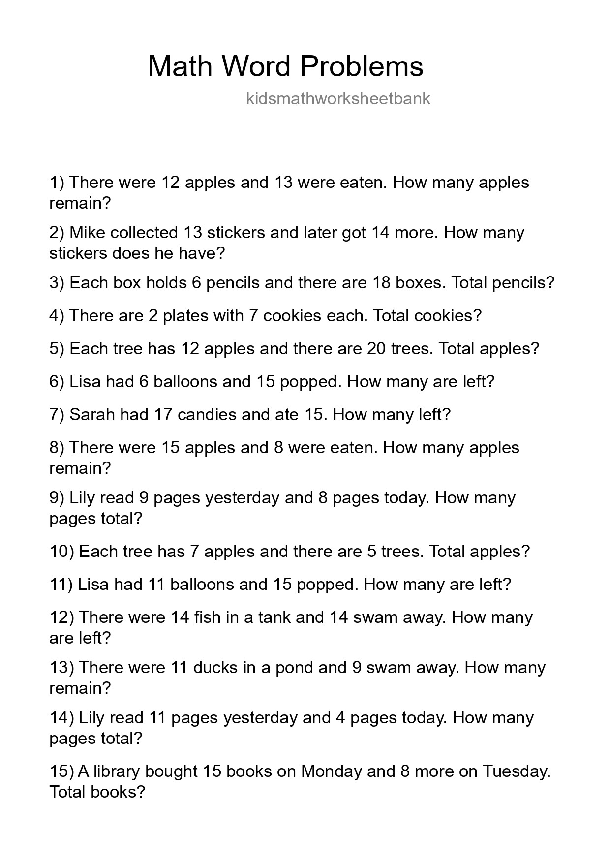 Math Word Problem Worksheet