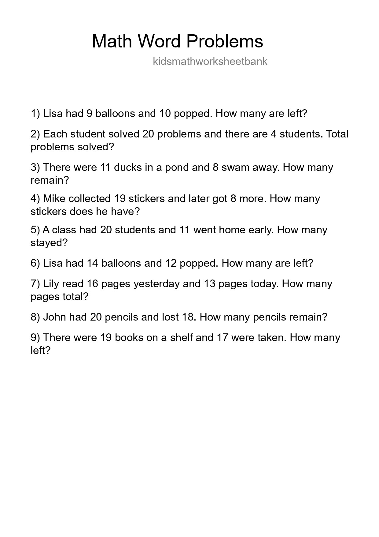 Math Word Problem Worksheet