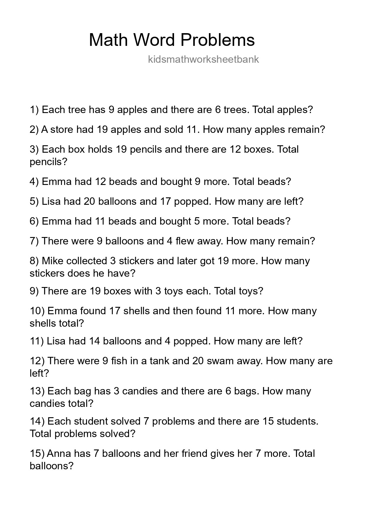 Math Word Problem Worksheet