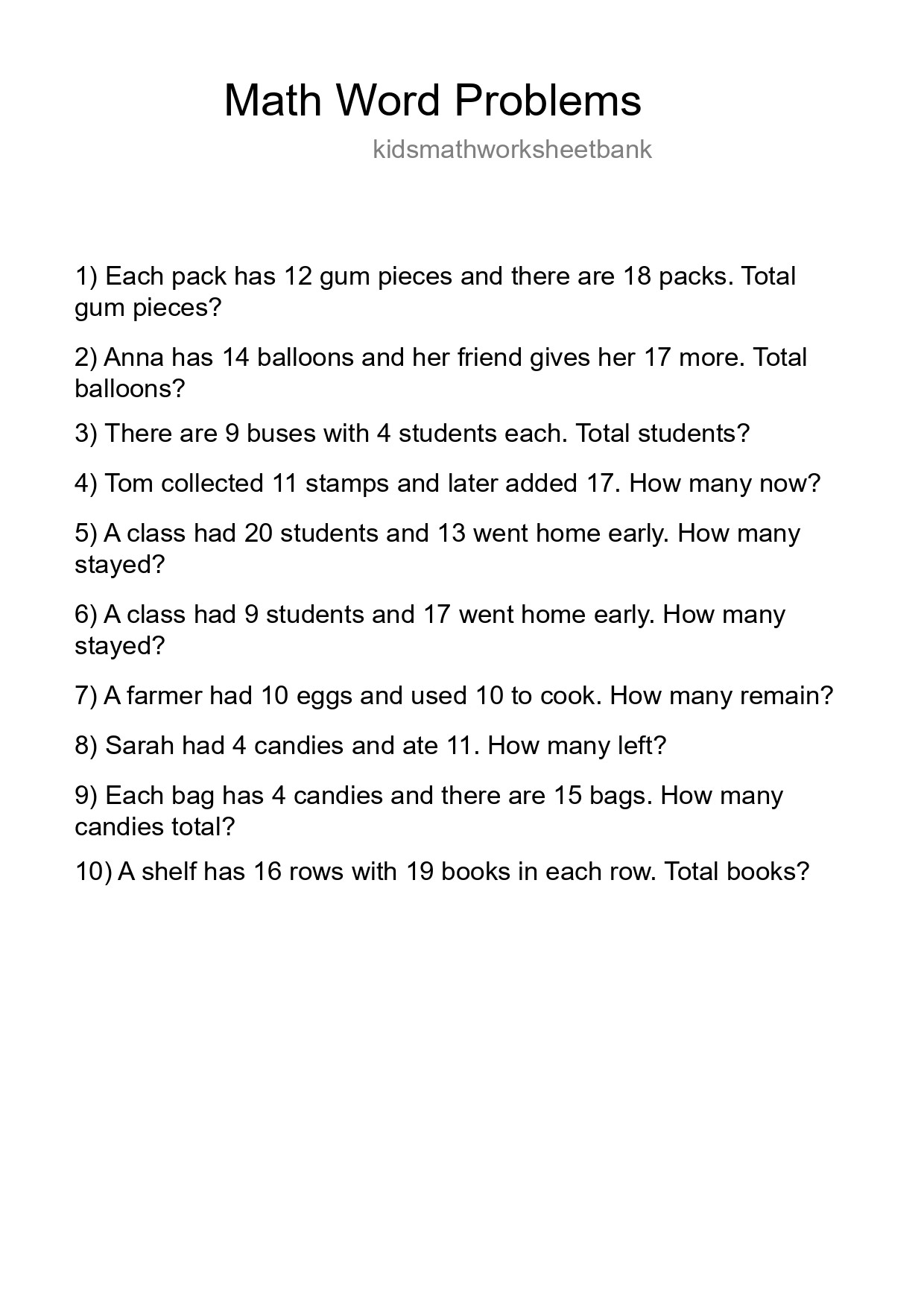 Math Word Problem Worksheet