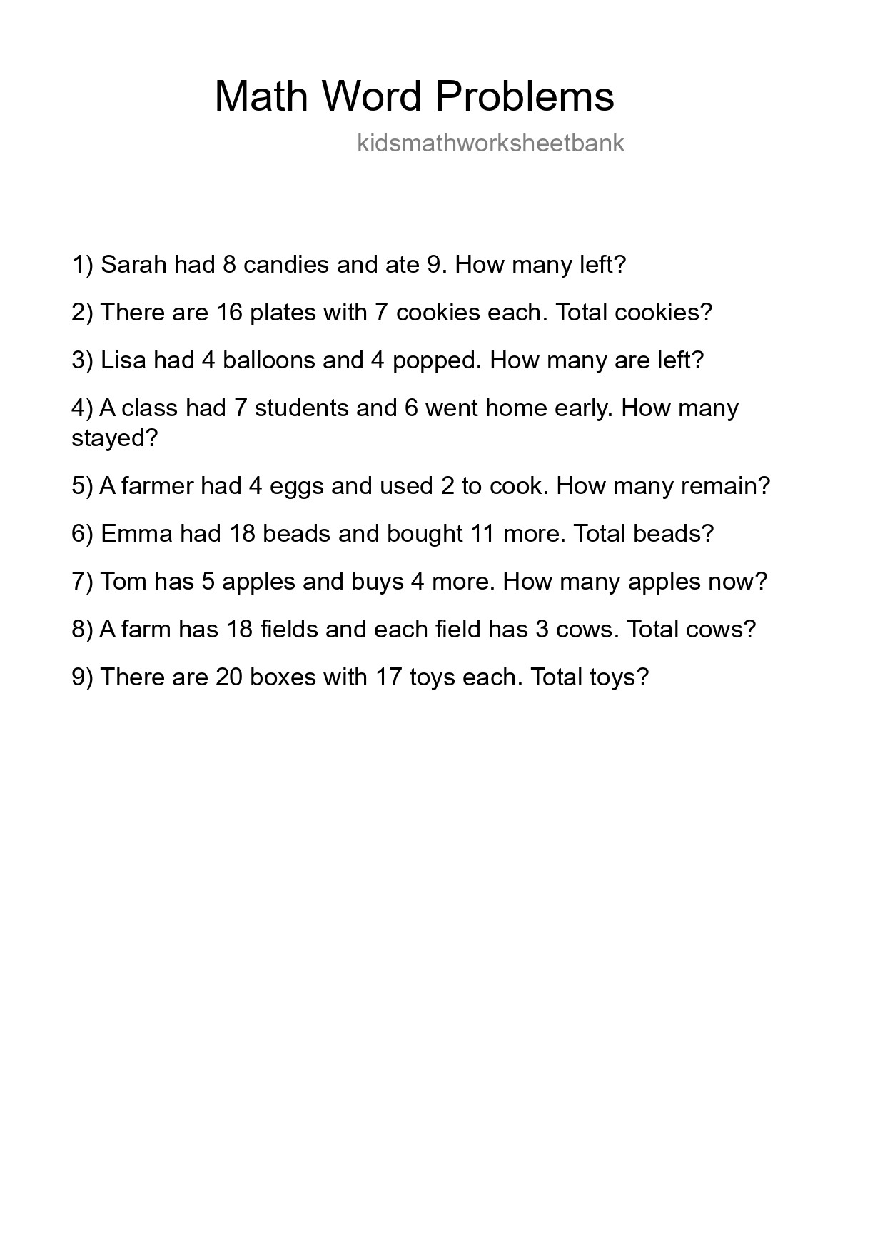 Math Word Problem Worksheet